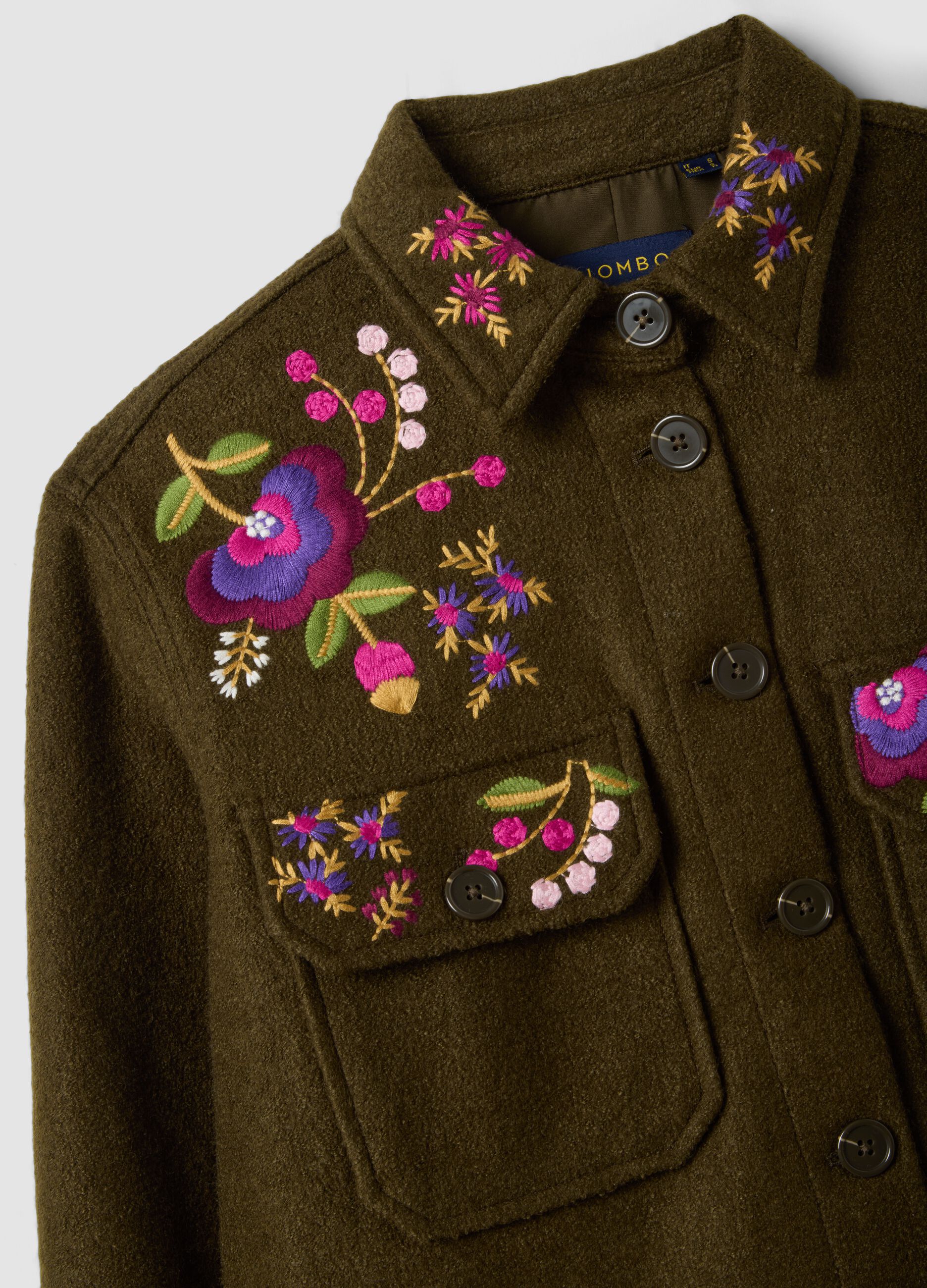 Blazer marrone in misto lana con ricami floreali