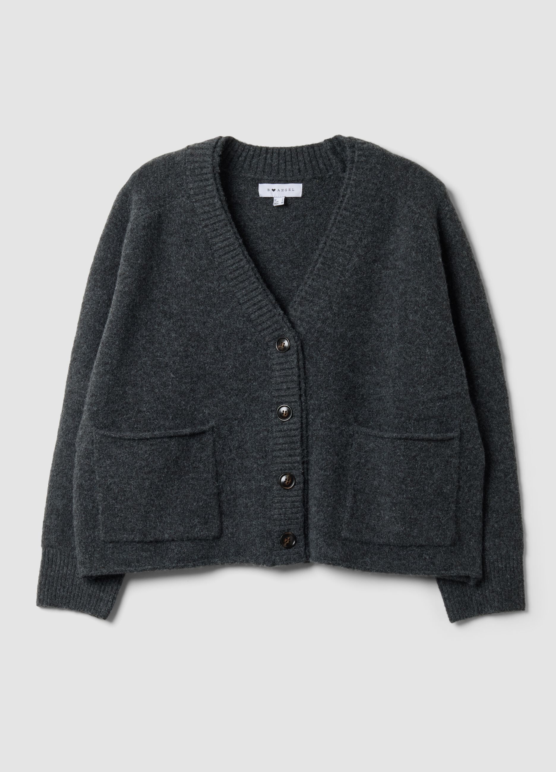 Grey stretch wool cardigan with deep V-neck