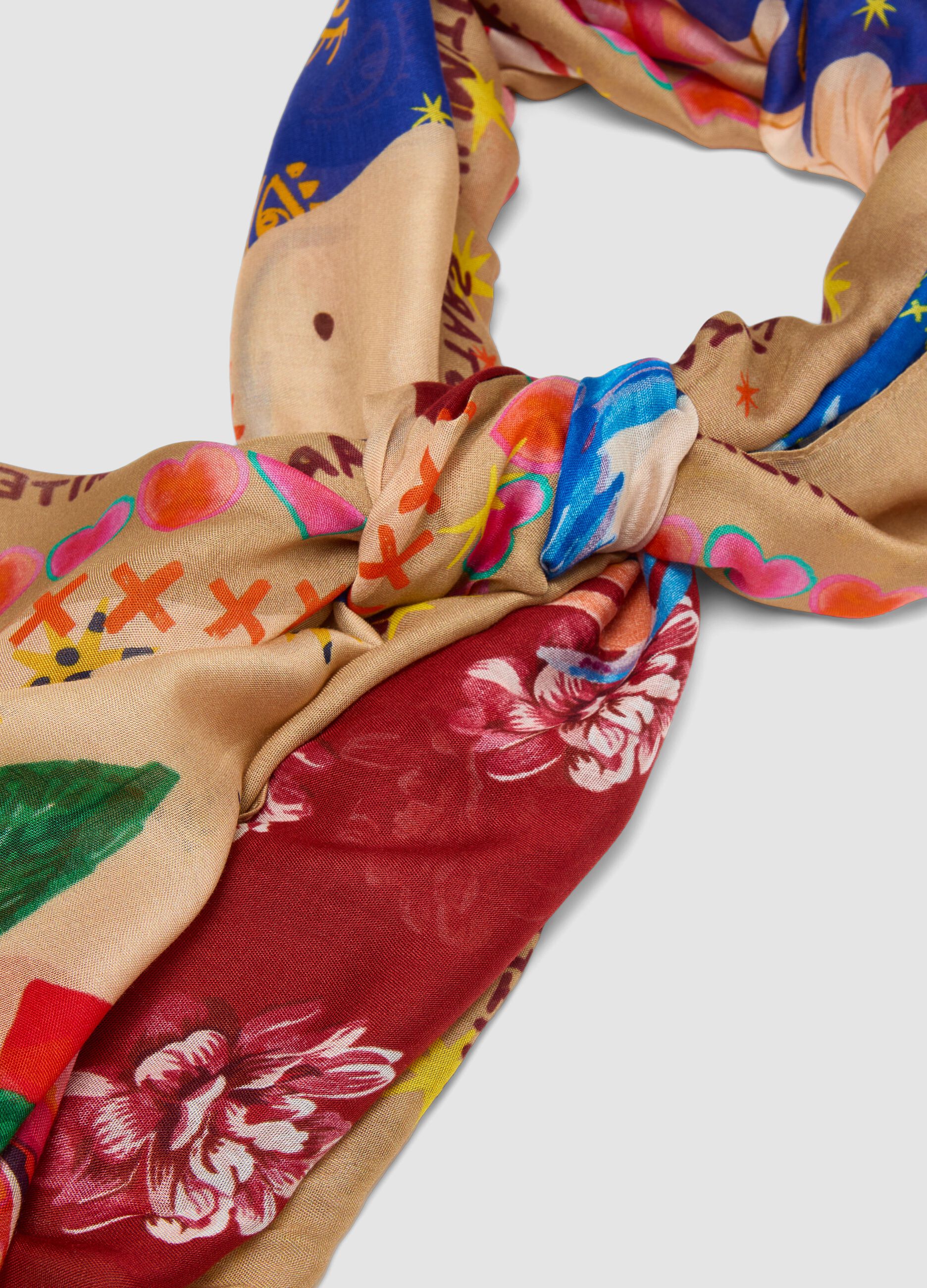 Multicoloured pure viscose patterned scarf