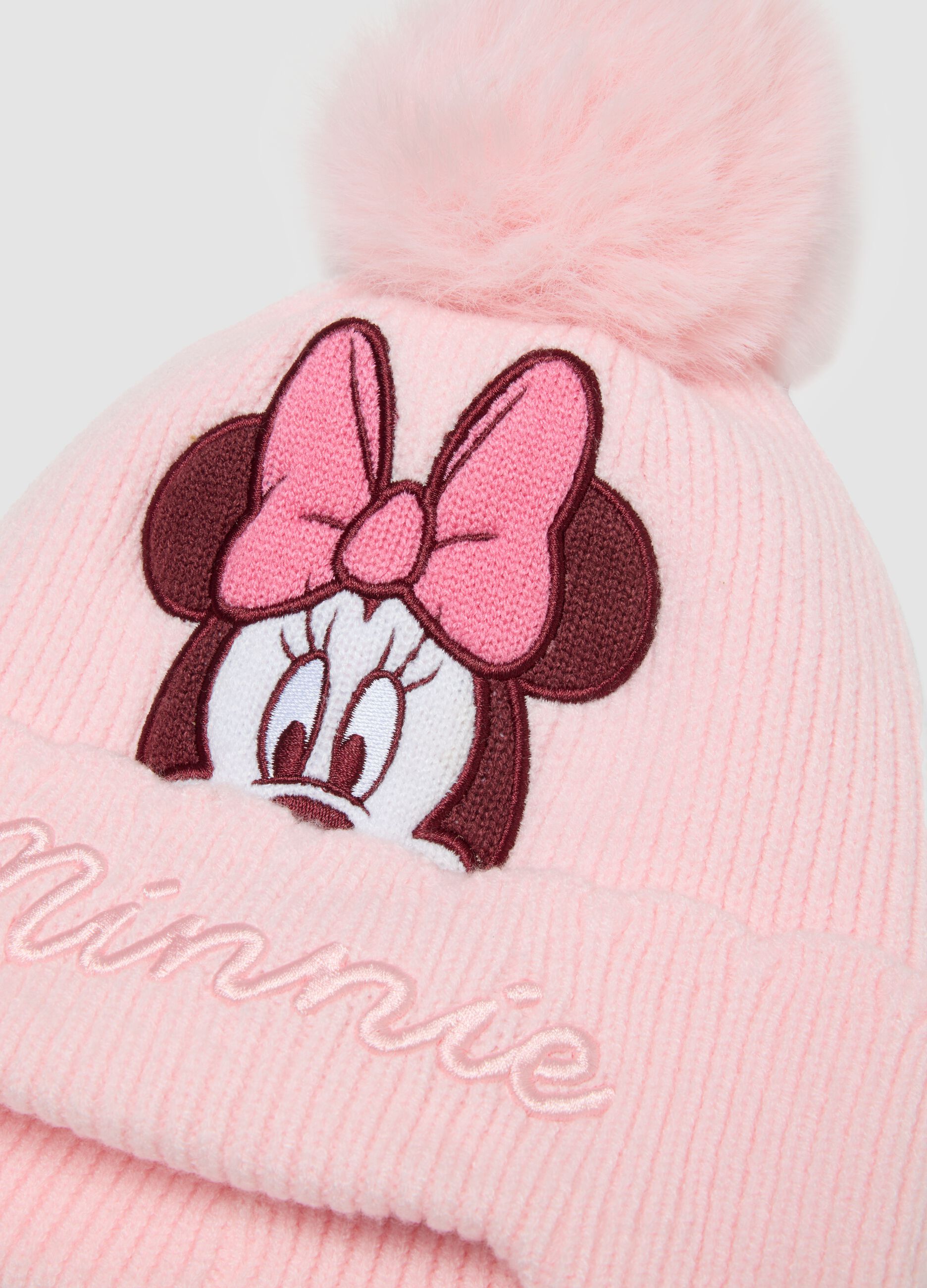 Pink viscose-blend beanie with pom‑pom and Minnie embroidery