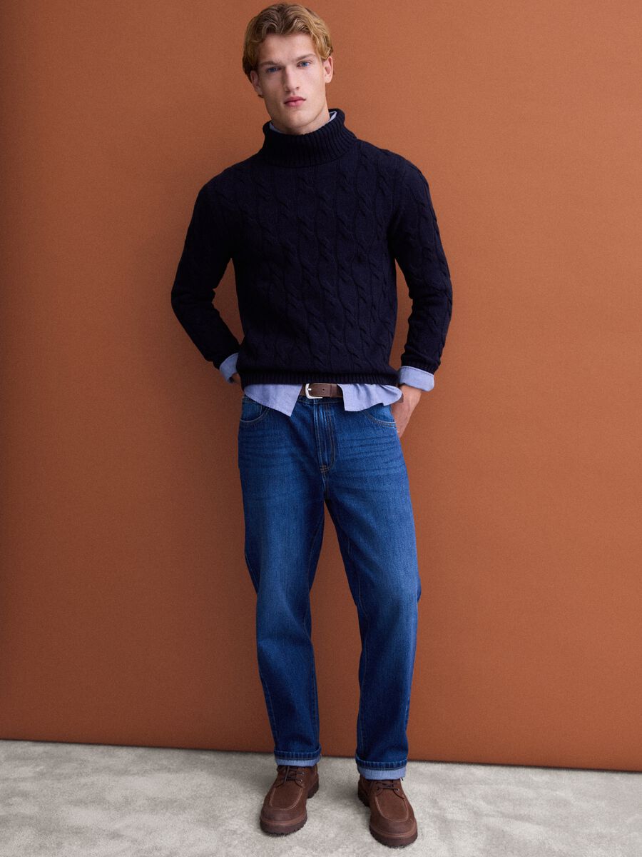 Navy blue cable-knit wool-blend regular-fit roll-neck jumper_1