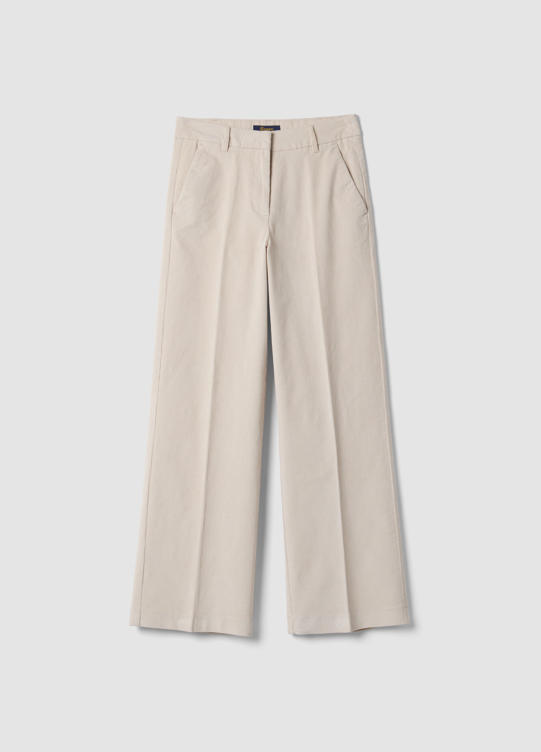 بنطال The Iconic Pants بيج بقصّة مستقيمة من قطن مطاطي مضلّع