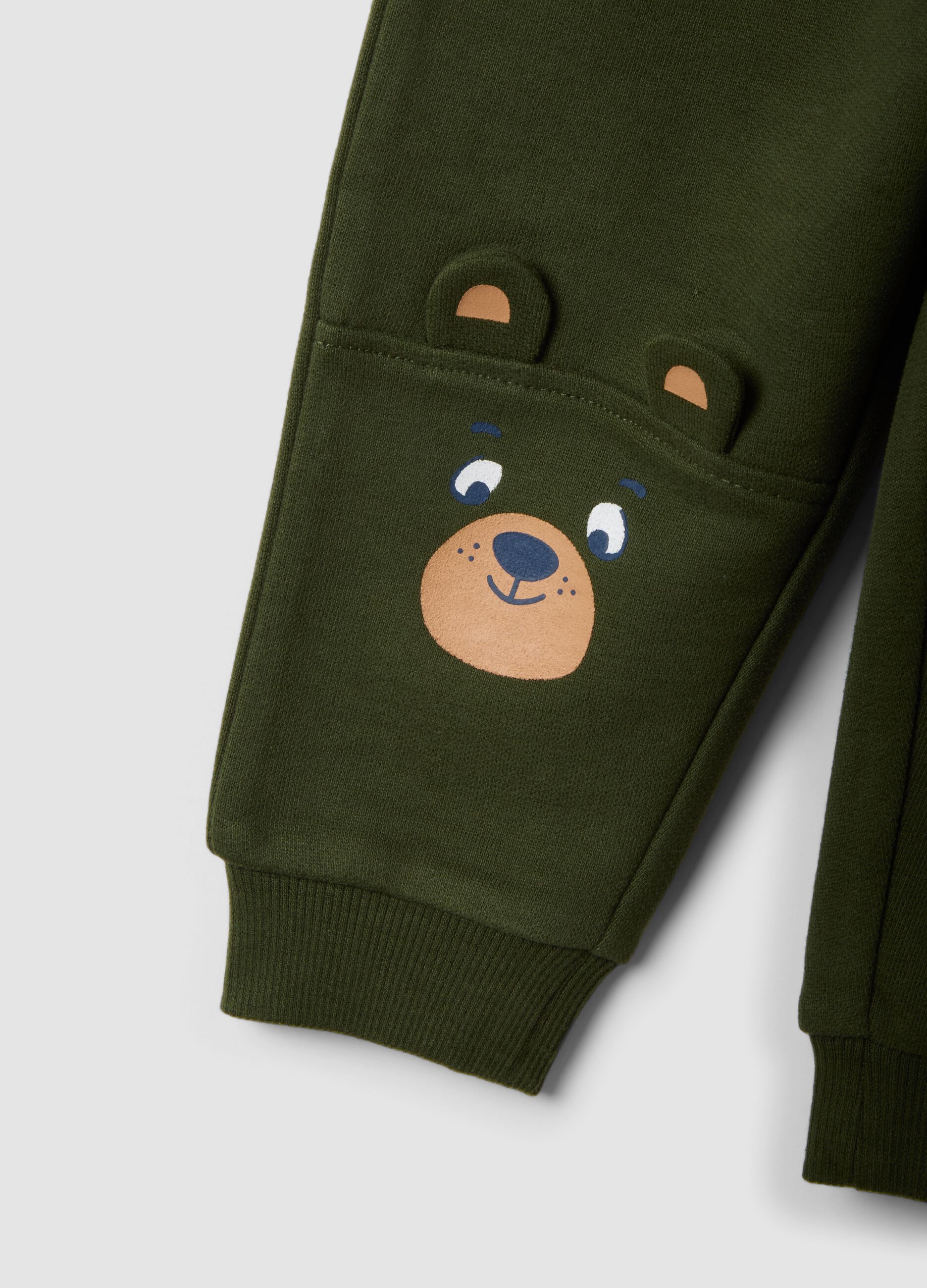 Green pure cotton over-fit joggers with teddy bear print