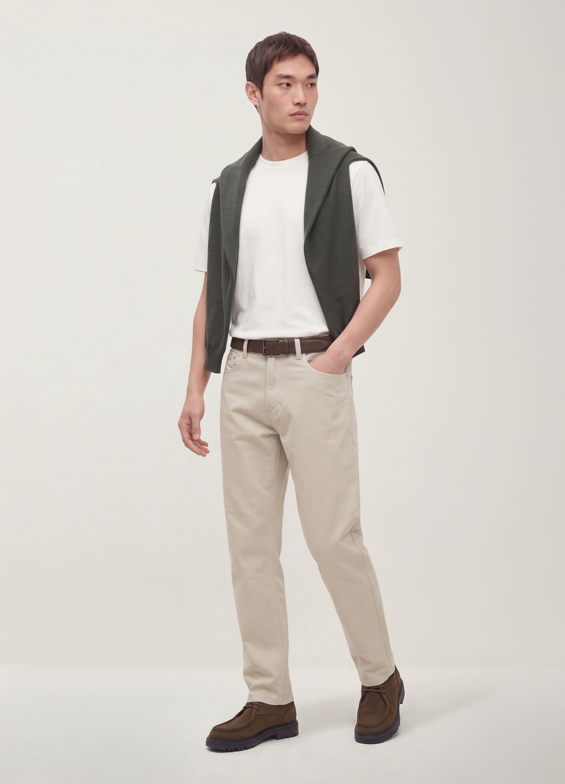 Pantaloni straight grigi in twill di cotone elasticizzato