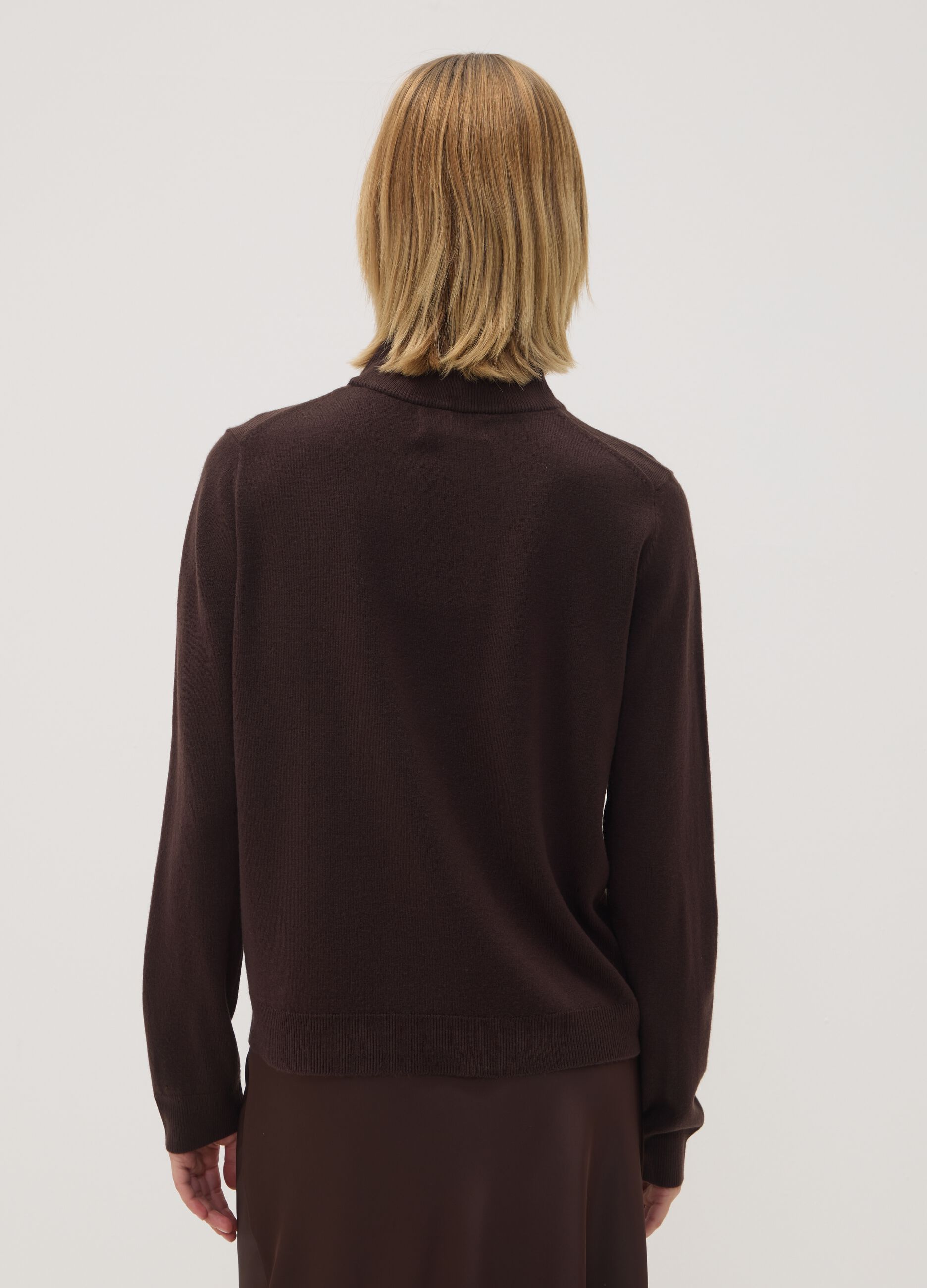 Brown long-sleeve top with raised neck, regular fit
