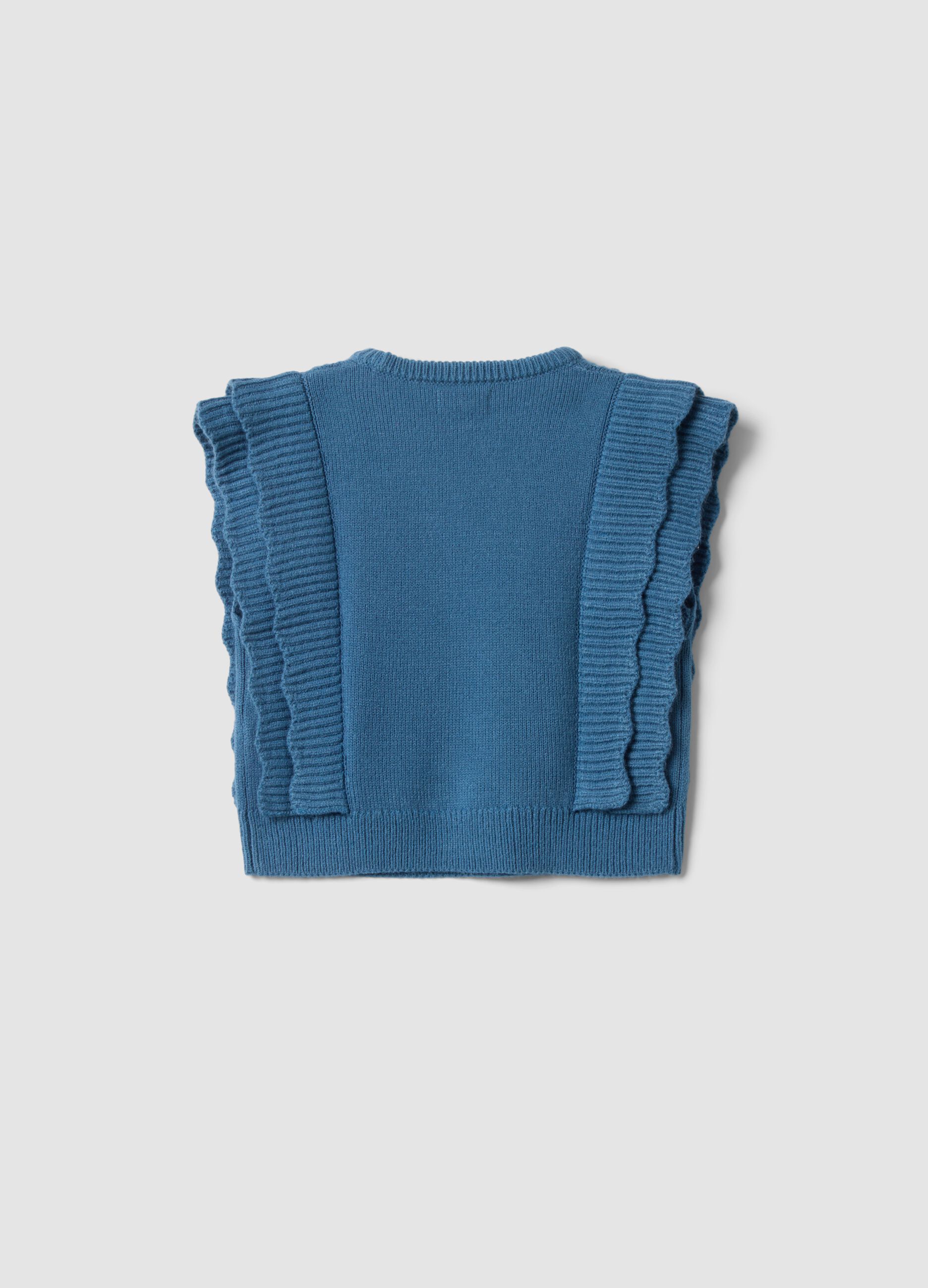 Blue knitted gilet with ruffles and cable knit