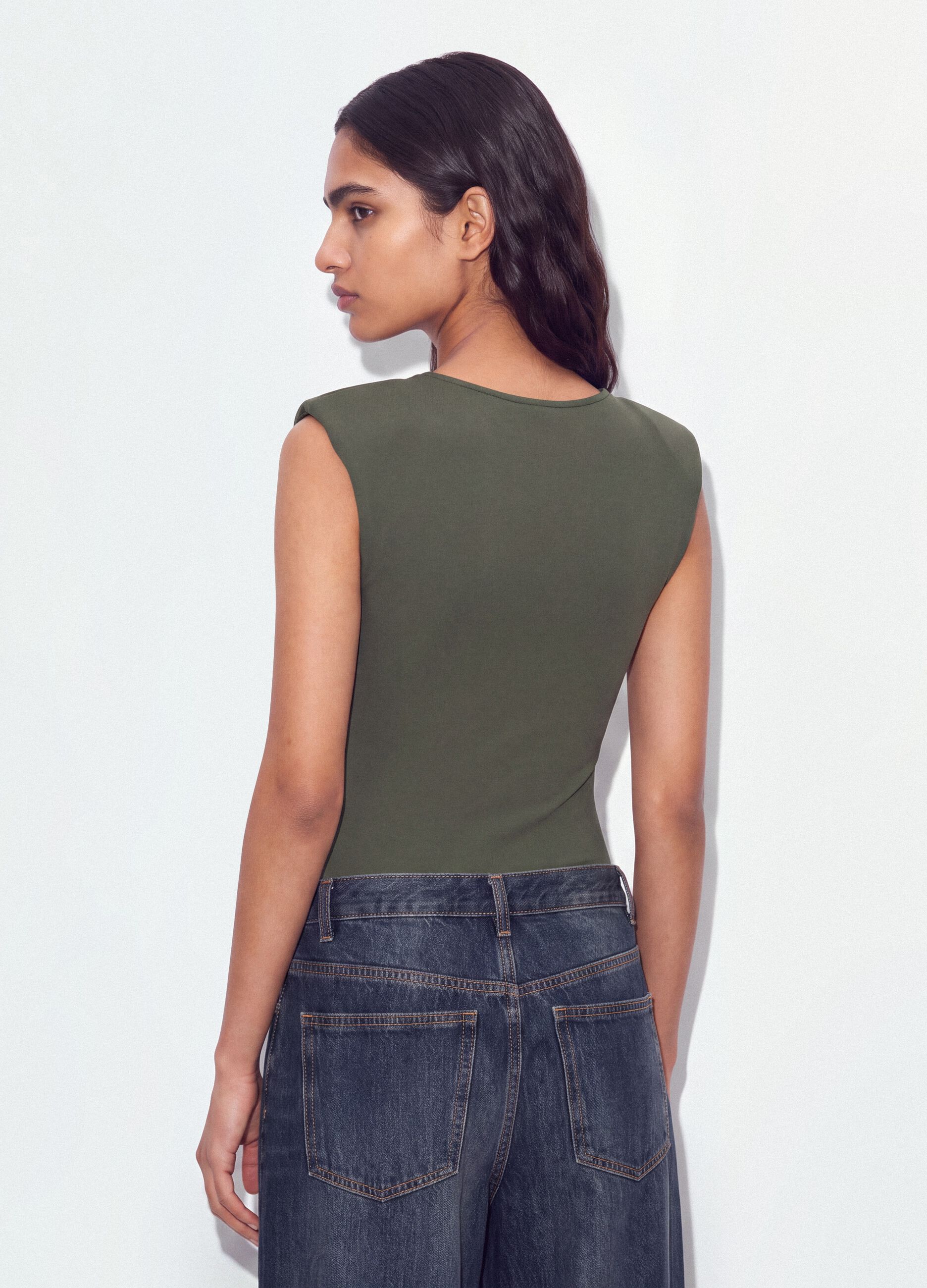 Green stretch jersey bodysuit with ruching, regular fit