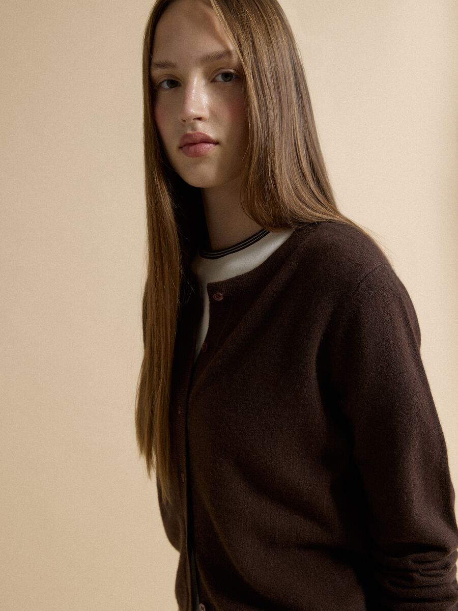 Brown crew-neck cardigan in pure cashmere_1