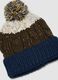 Blue and brown knitted beanie with pom-pom_1