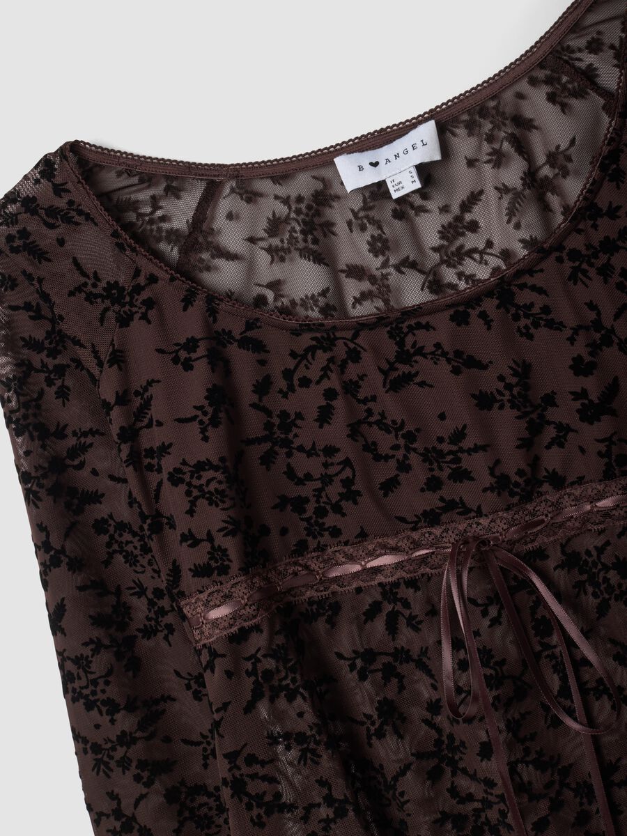 Brown stretch T-shirt with flocked floral pattern_1