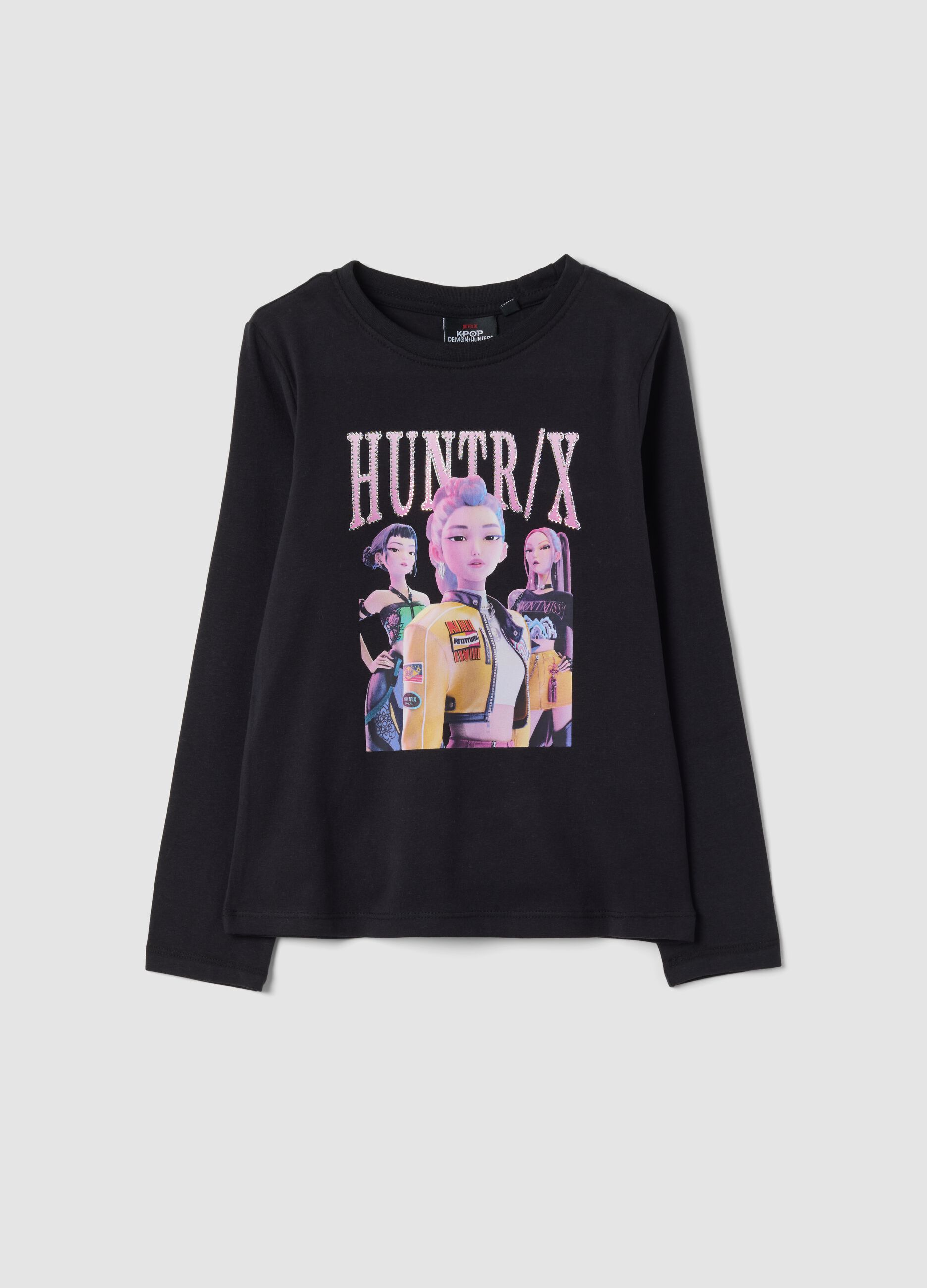 Black stretch cotton T-shirt with K-Pop Demon Hunters print