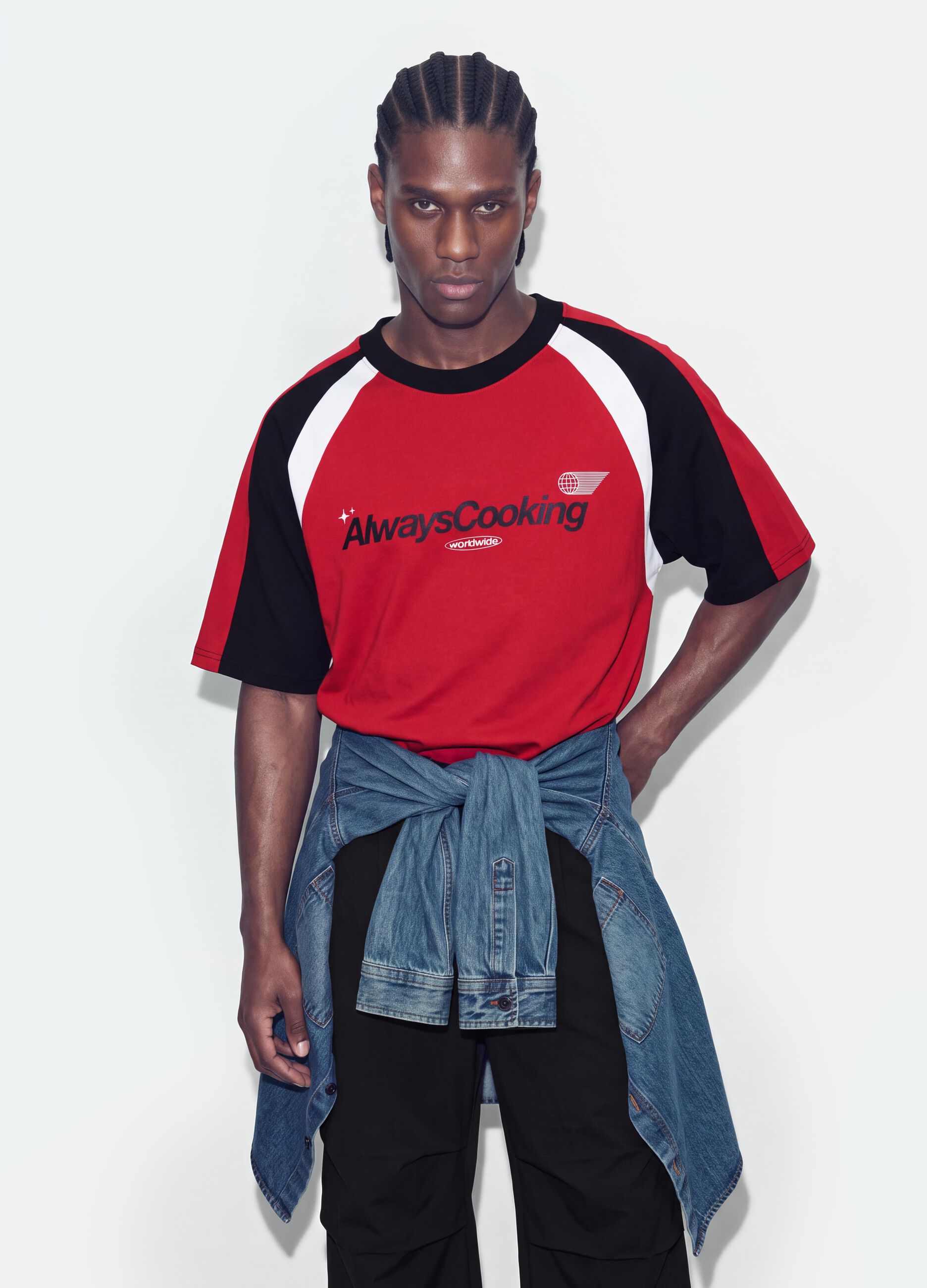 Red pure cotton T-shirt with front slogan relaxed fit