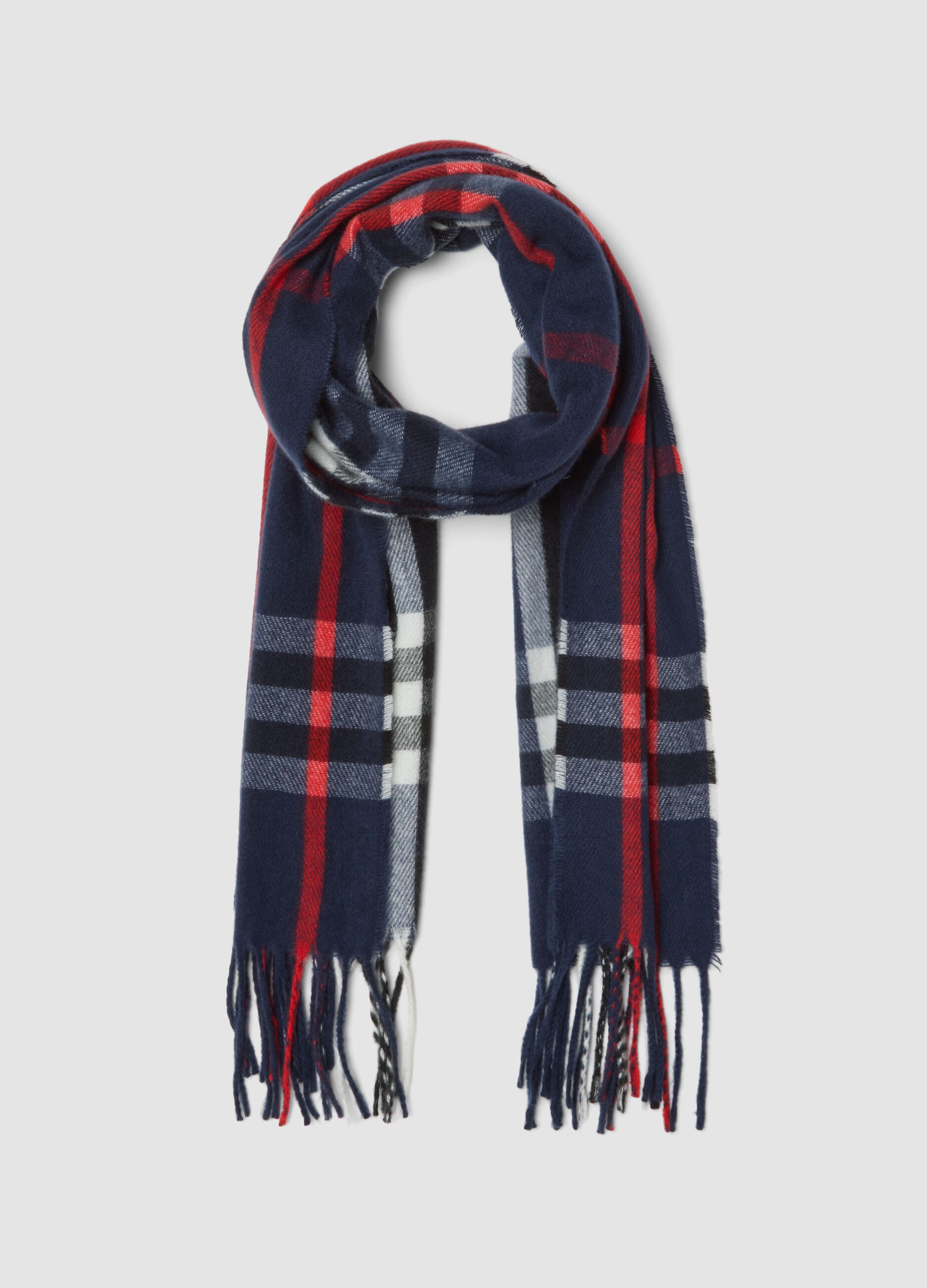 Navy checked scarf with fringes
