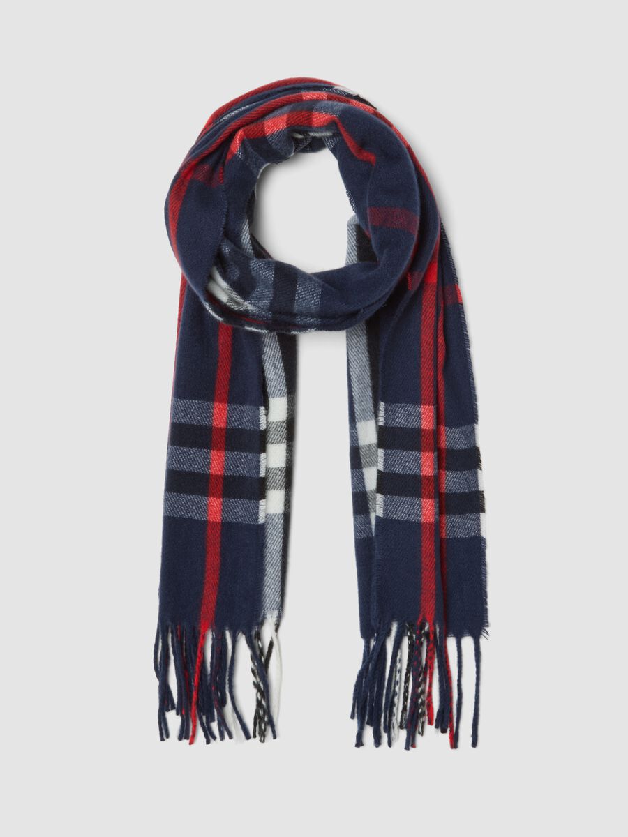 Navy checked scarf with fringes_0