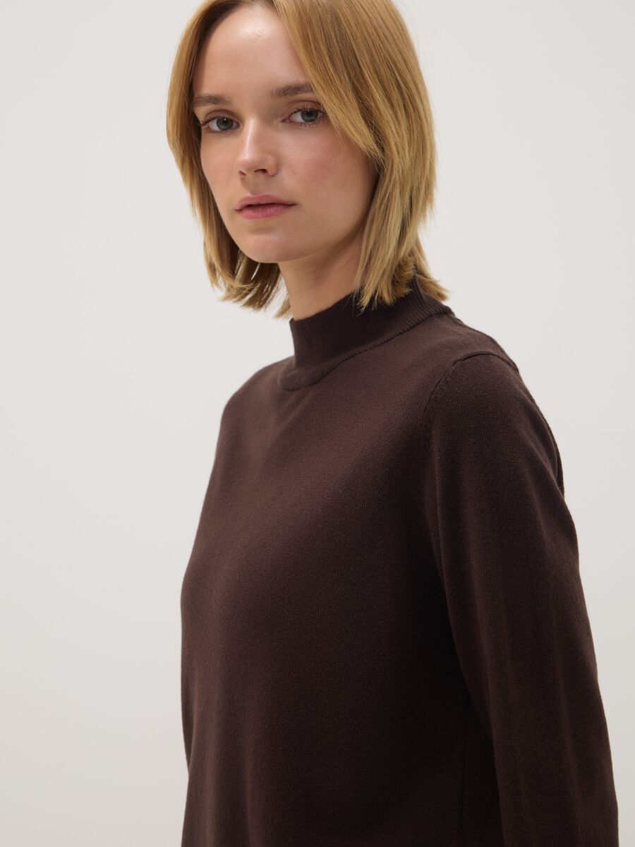 Brown long-sleeve top with raised neck, regular fit_1