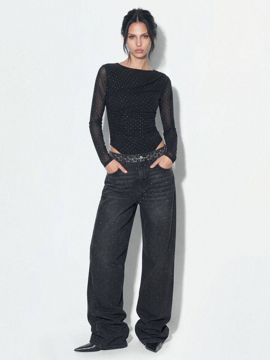 Jeans neri in puro cotone skater fit con strass_0