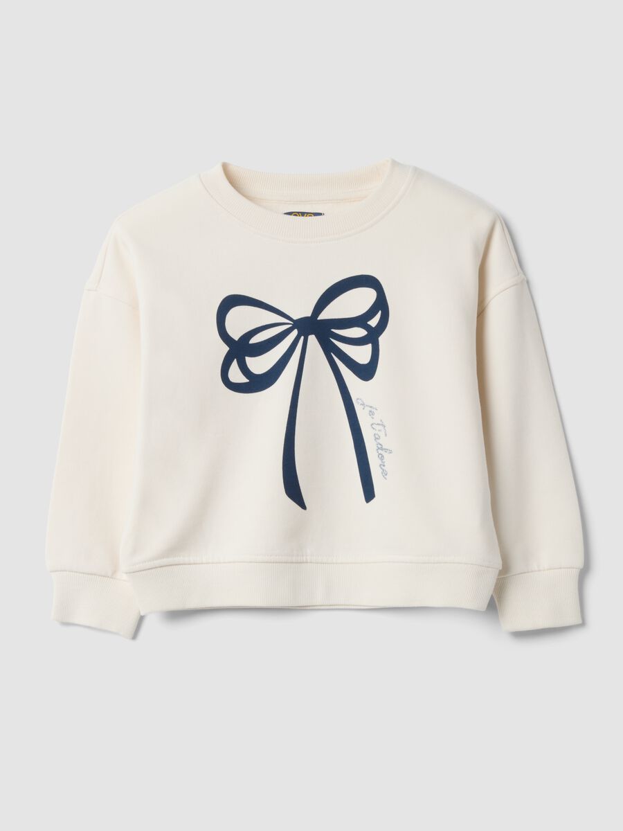 White 100% cotton sweatshirt with crew neck and bow print_0