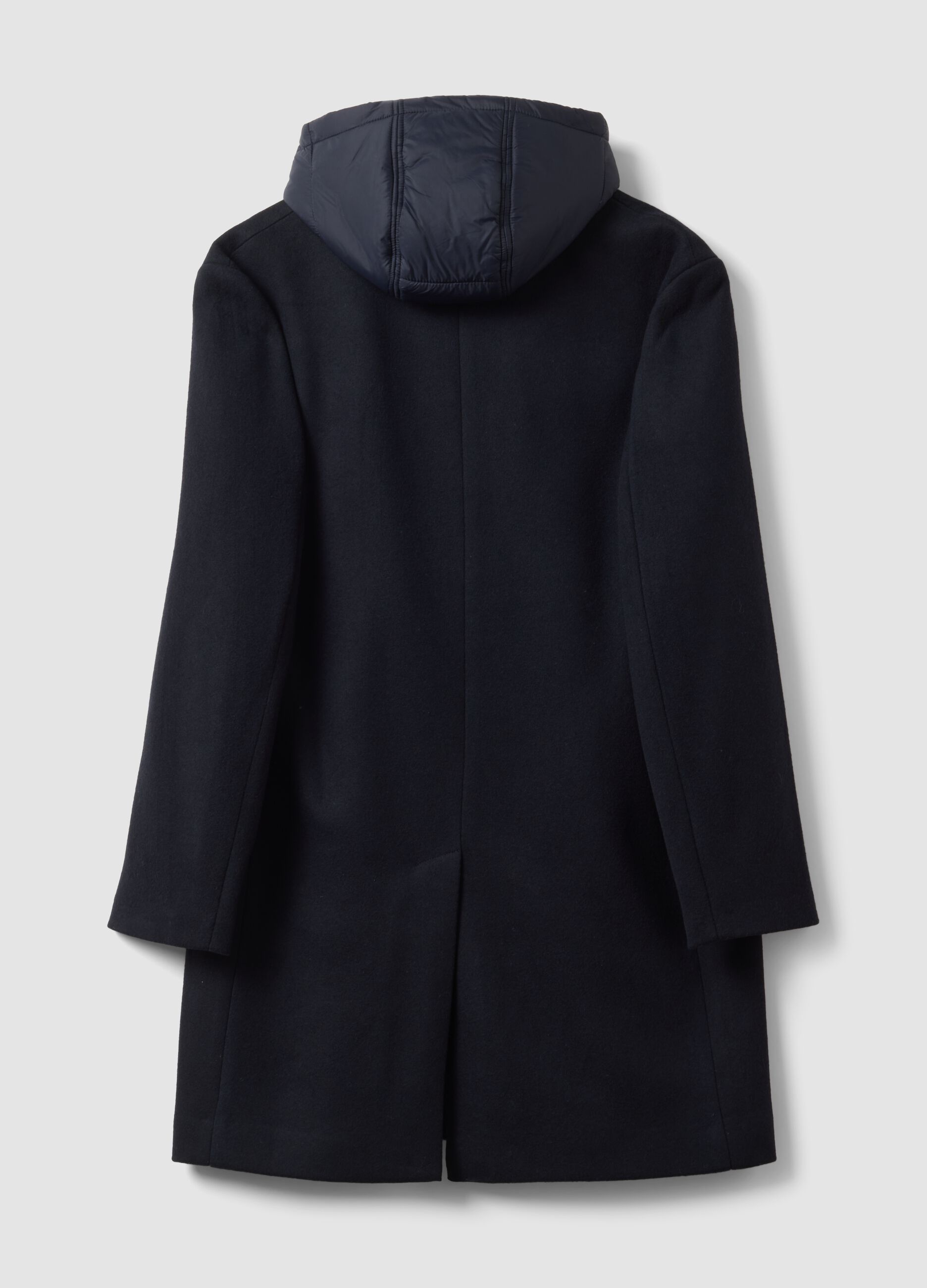 Navy blue wool-blend coat with detachable hood