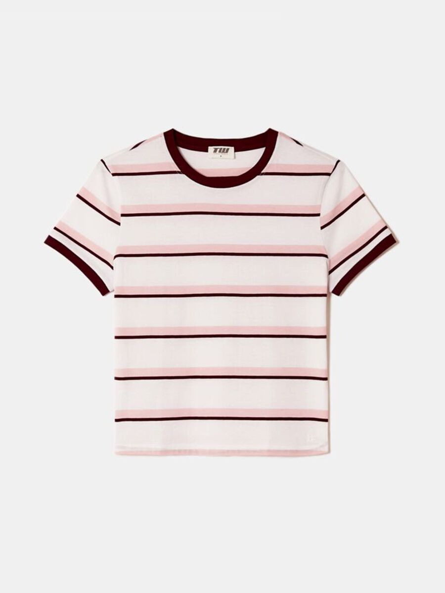 Pink T-shirt with burgundy stripes in pure cotton_0