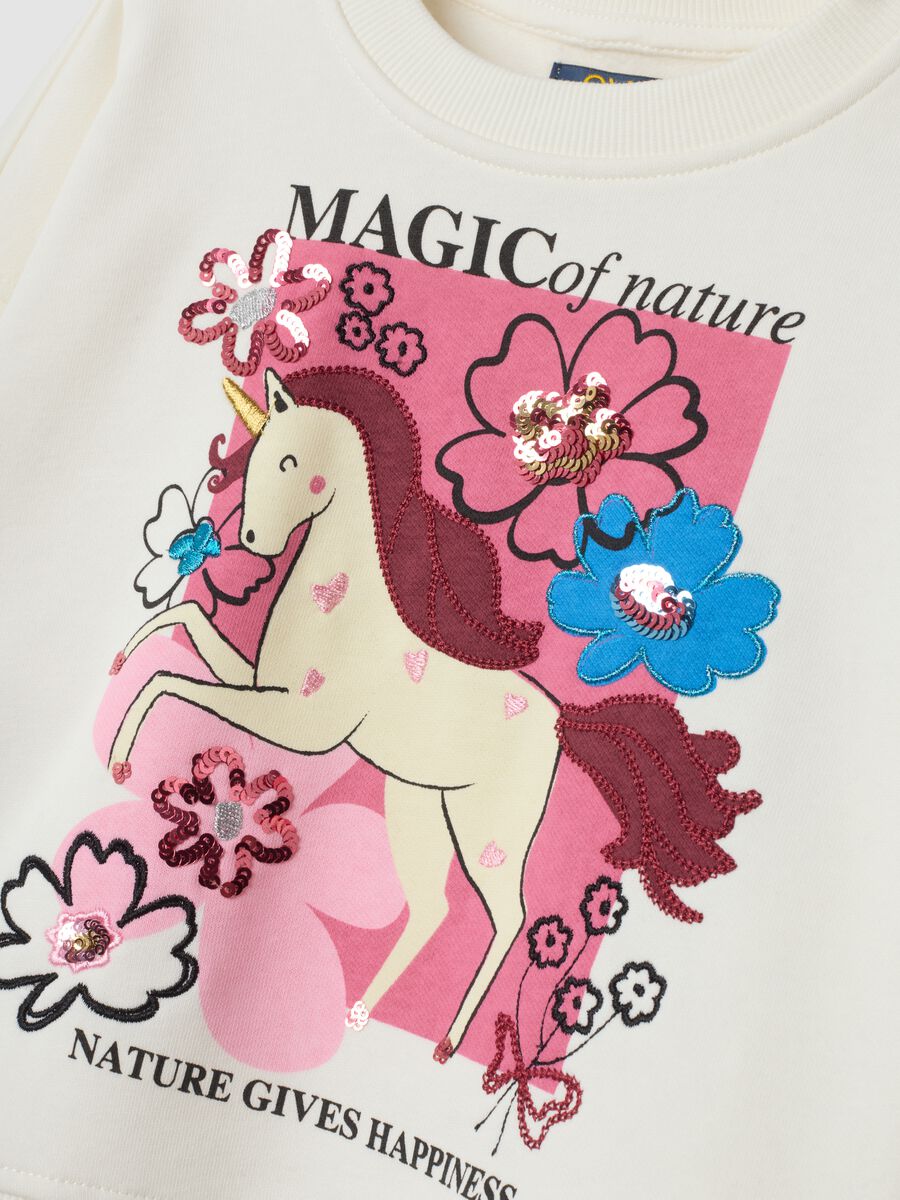 Tuta bianca in misto cotone con felpa girocollo stampa unicorno_3