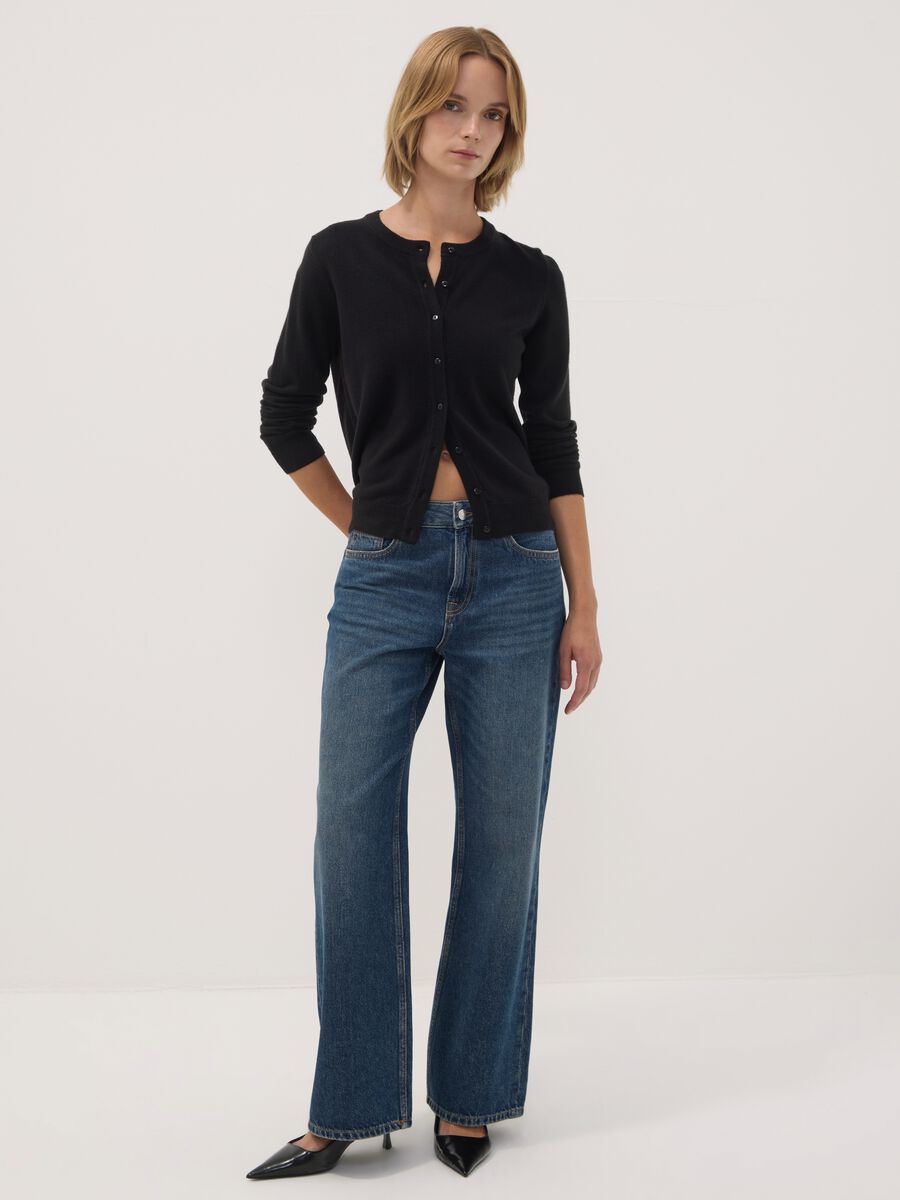 Black crew-neck regular-fit cardigan with buttons_1