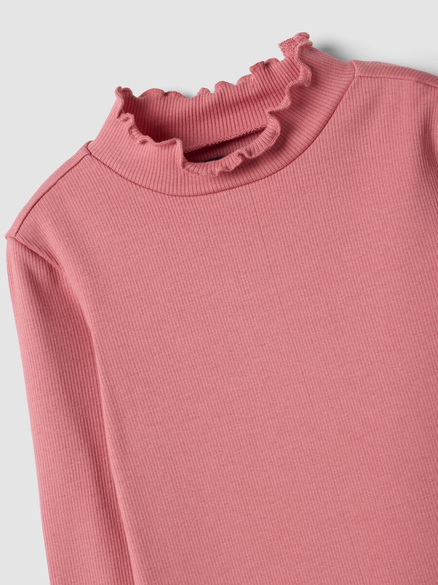 Pink stretch organic cotton T-shirt with raised neck_2