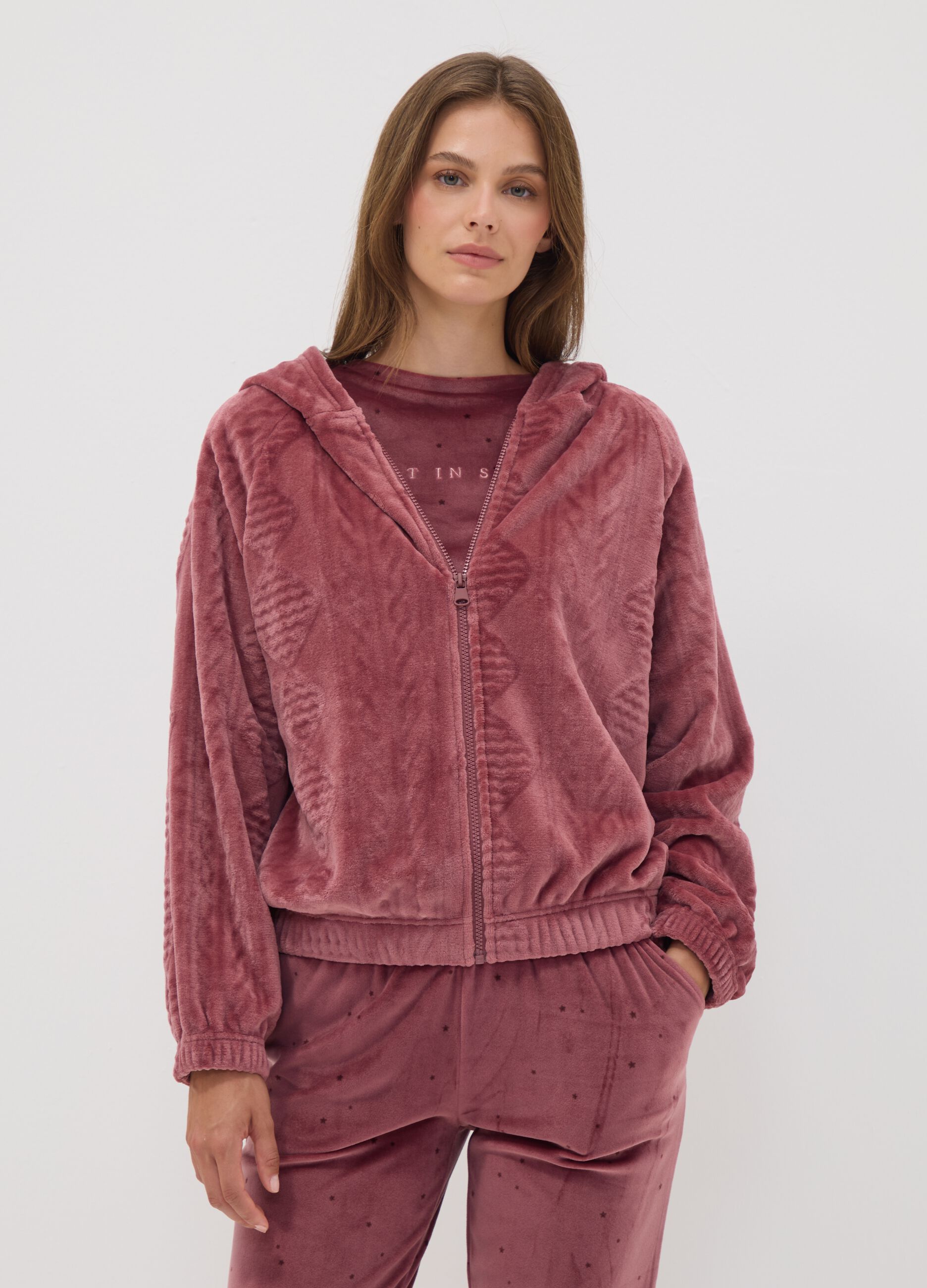 Pink zip-up hooded homewear sweatshirt