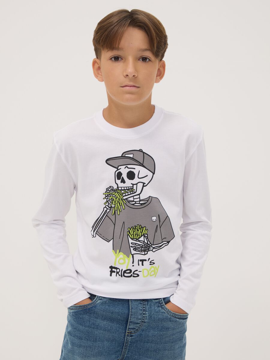 White relaxed-fit T-shirt in pure organic cotton with skeleton print_0