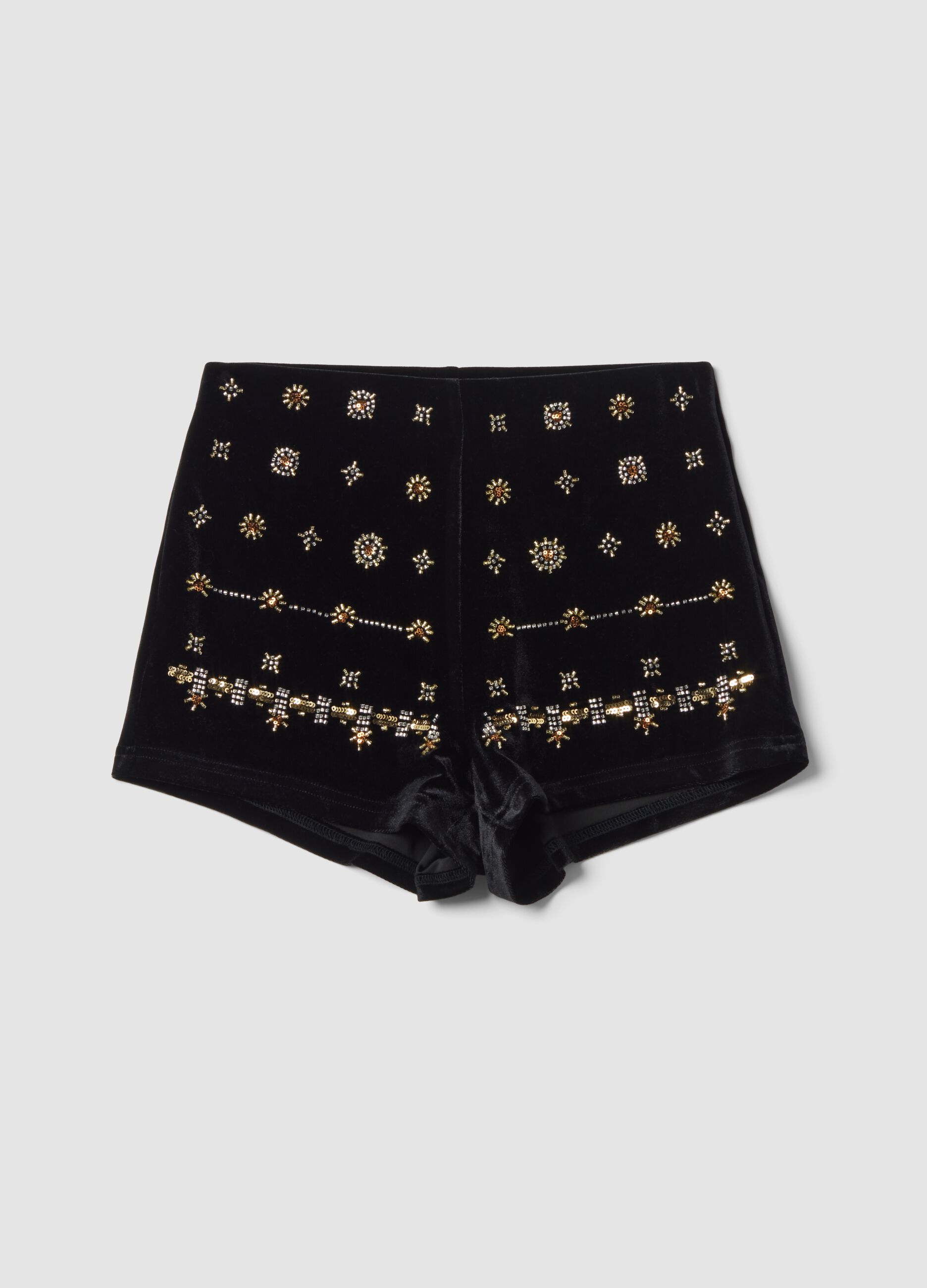Black stretch velour slim-fit shorts with jewel embroidery