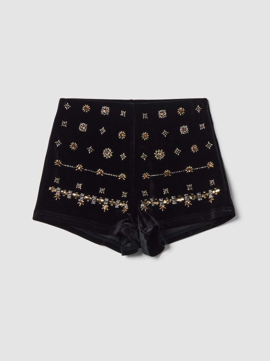 Black stretch velour slim-fit shorts with jewel embroidery_0