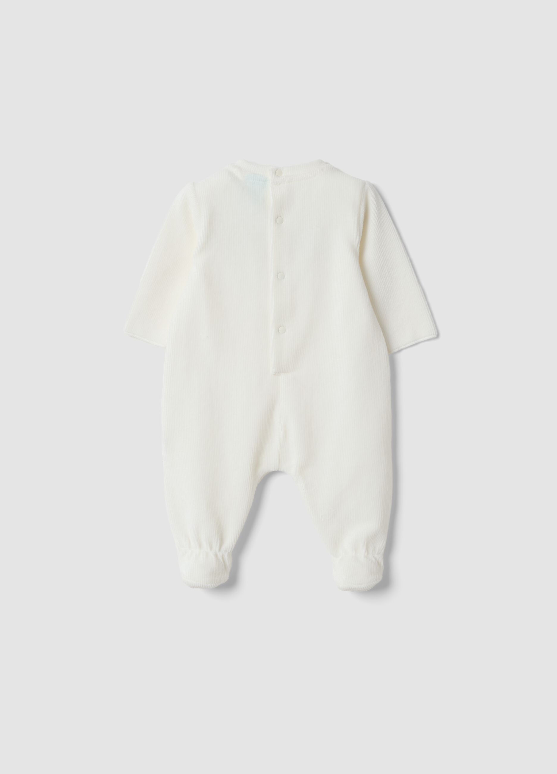 Tutina bianca in cotone organico elasticizzato con piedini e stampa Minnie