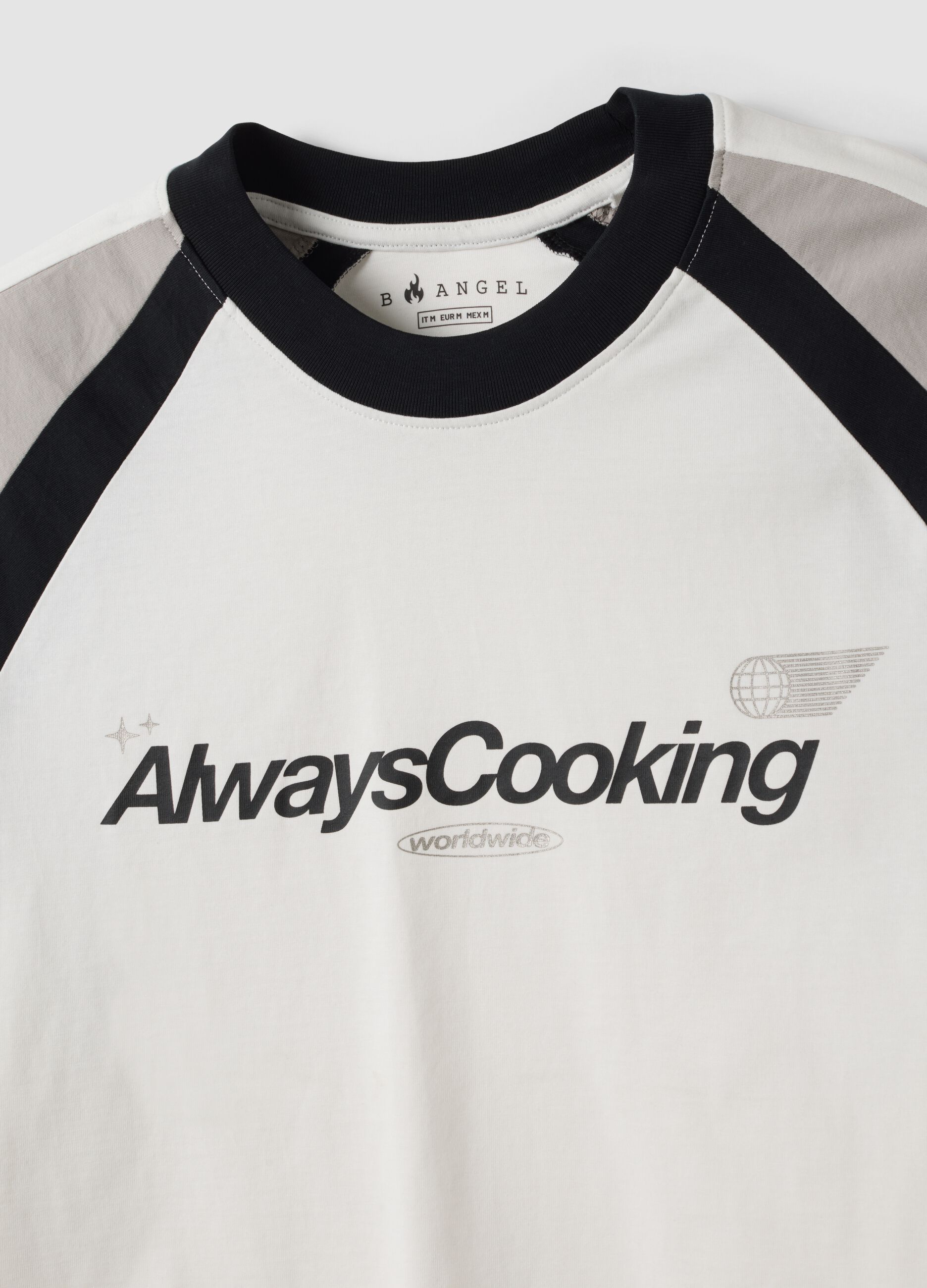 White pure cotton crew-neck T-shirt with &ldquo;Always Cooking&rdquo; slogan