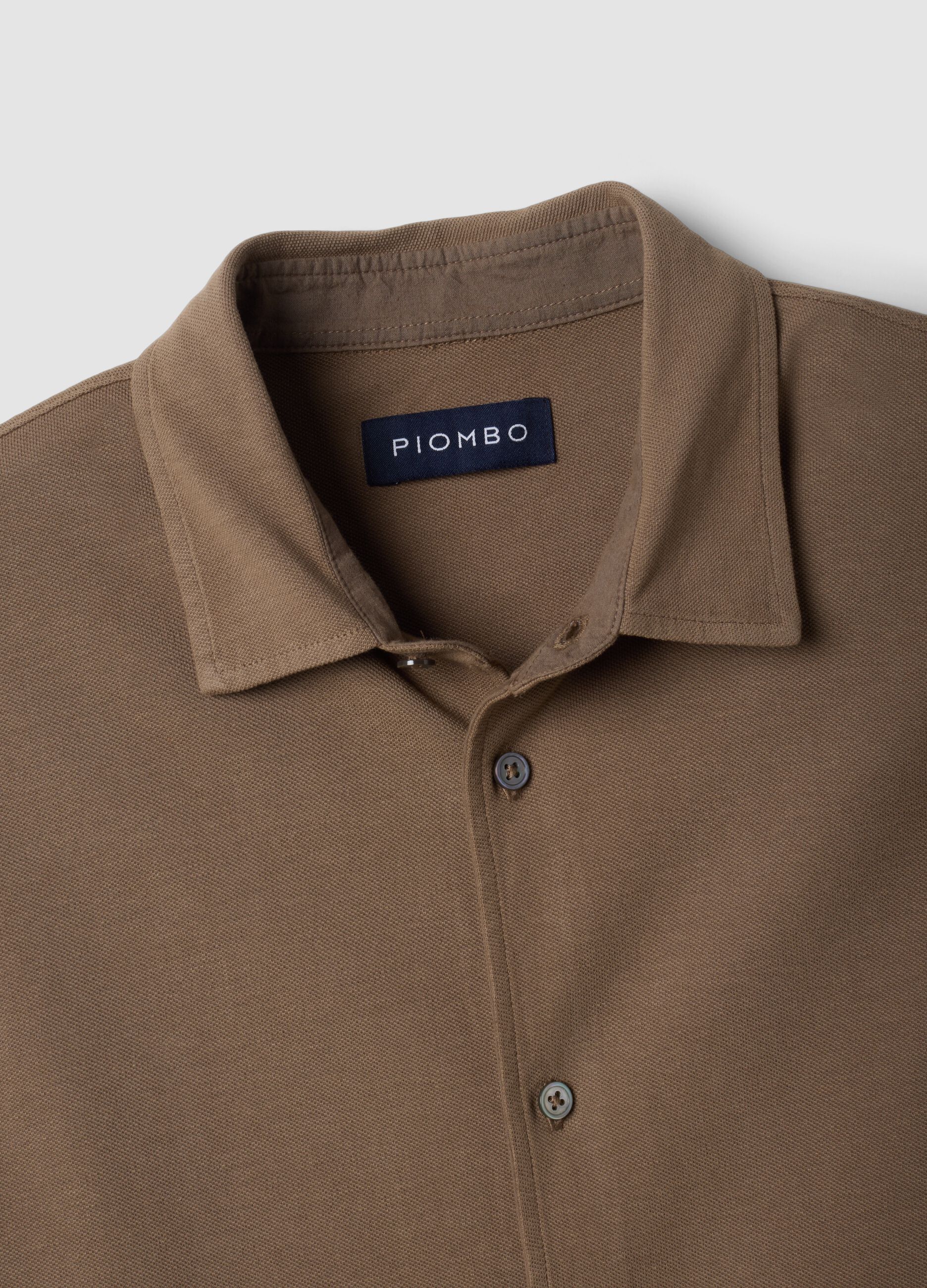 Brown pure cotton long-sleeve piqu&eacute; polo, regular fit