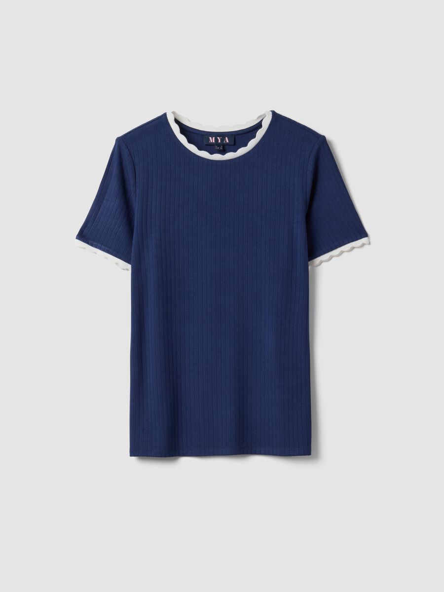 Blue stretch viscose crew-neck T-shirt with contrast trim_4