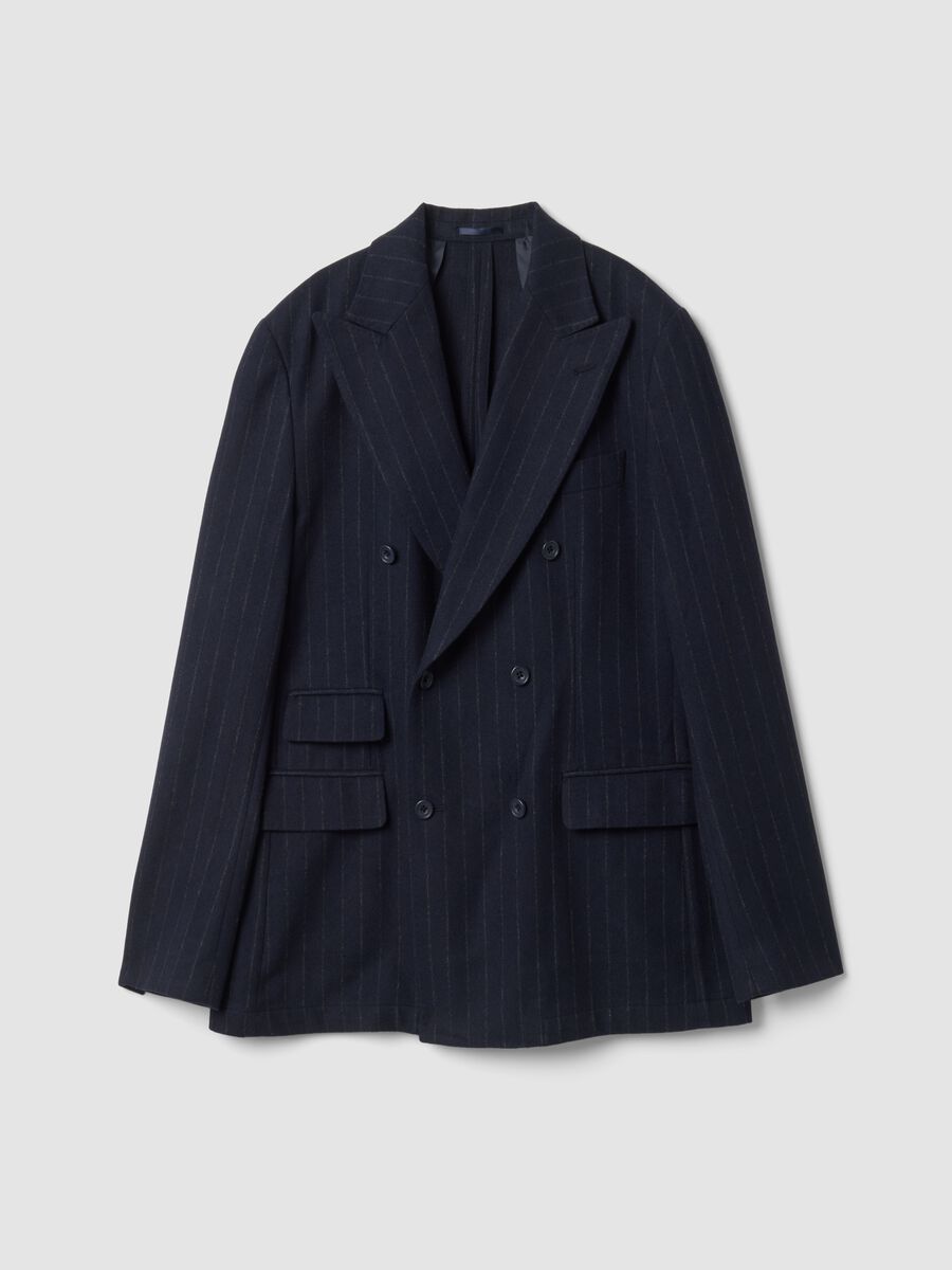 Blazer blu navy gessato in misto lana slim fit_0