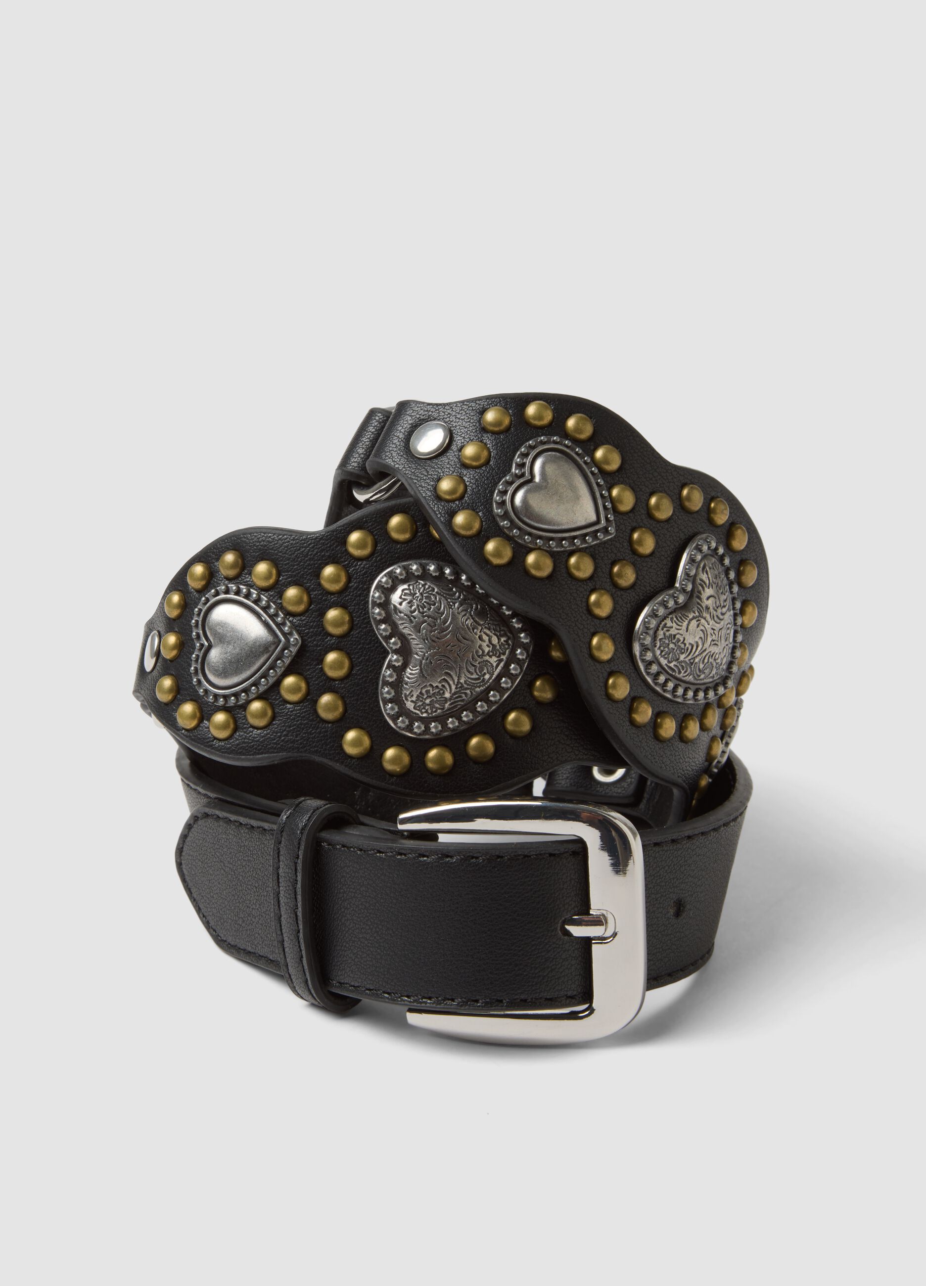 Black belt with buckle and heart appliqu&eacute;s