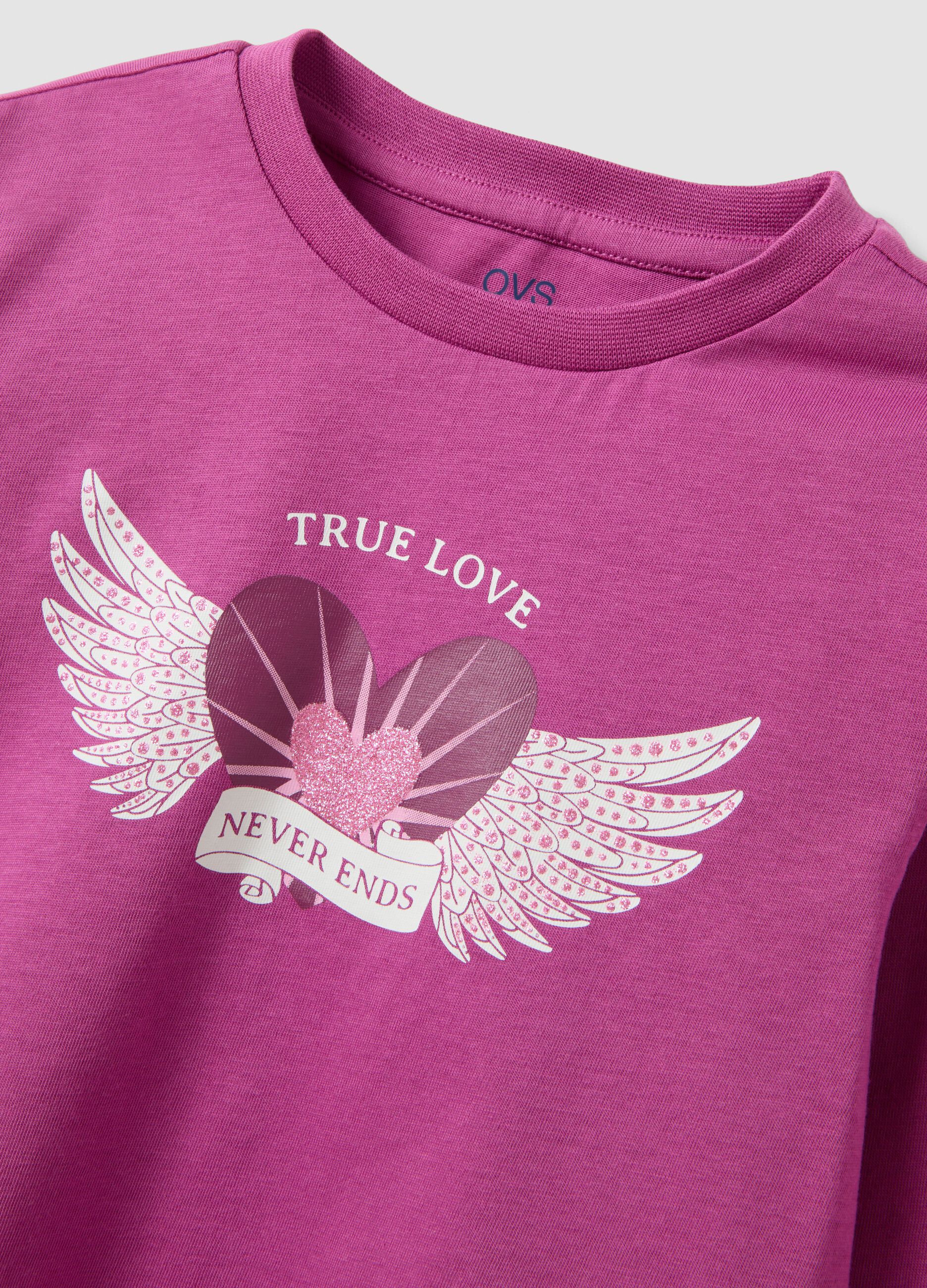 Purple pure organic cotton T-shirt with heart and wings print for girls