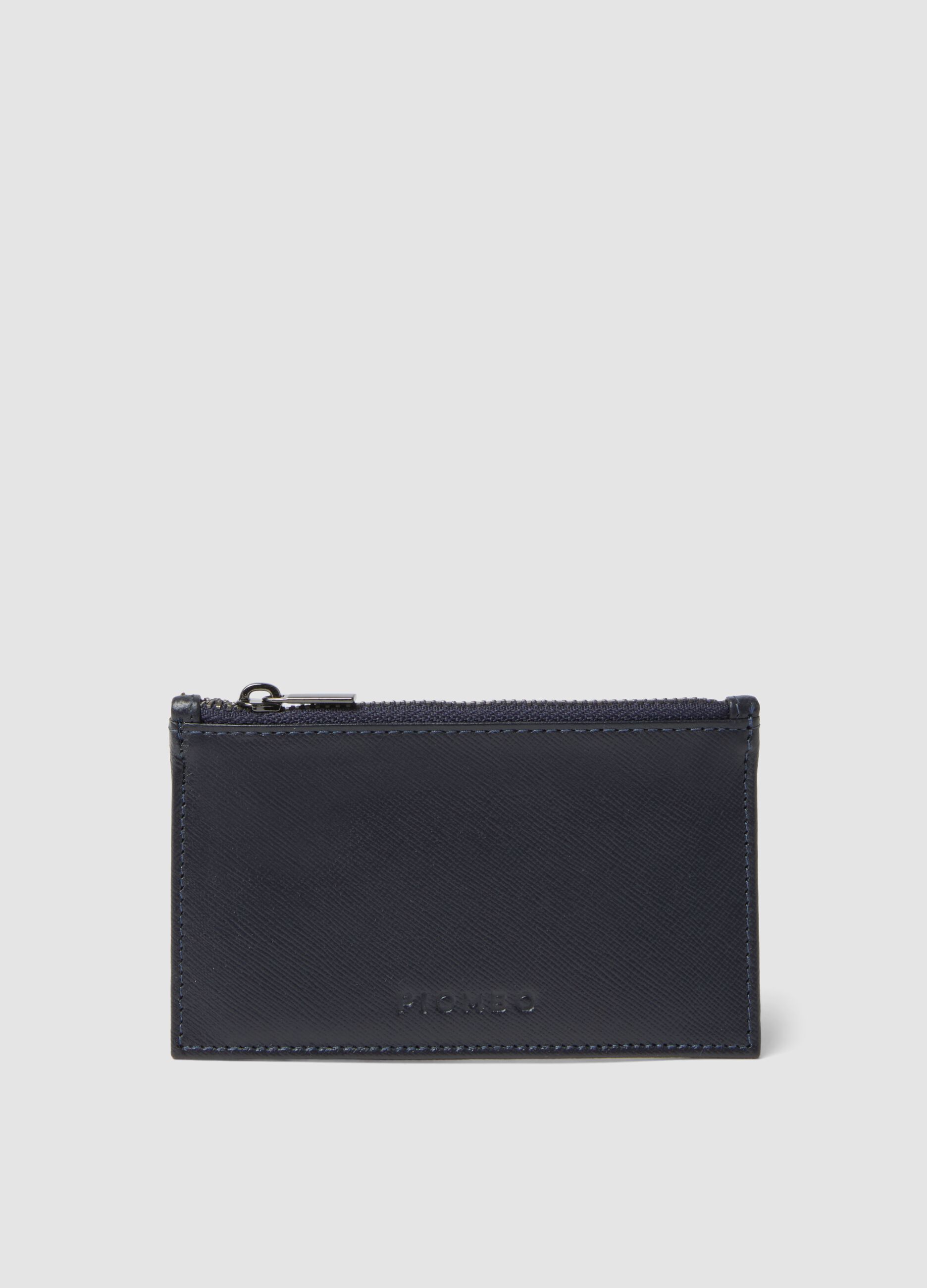 Blue genuine leather card holder with zip