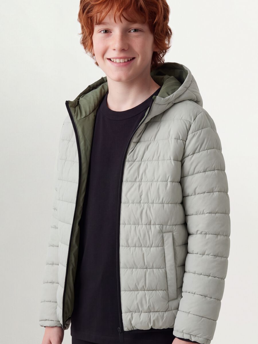 Reversible Ultralight padded hooded jacket in grey and green_1