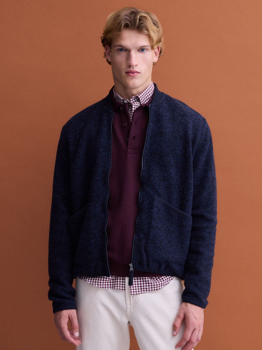 Blue wool-blend sweatshirt with ribbed collar_0
