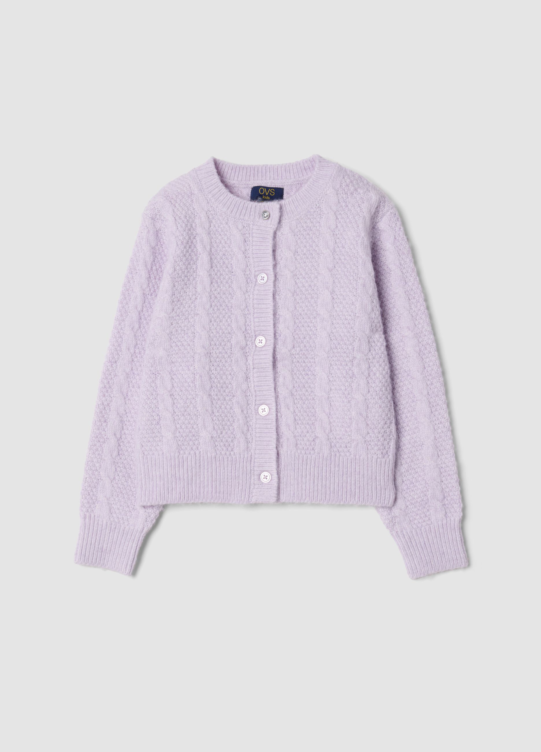 Purple cable-knit wool-blend cardigan with buttons, regular fit