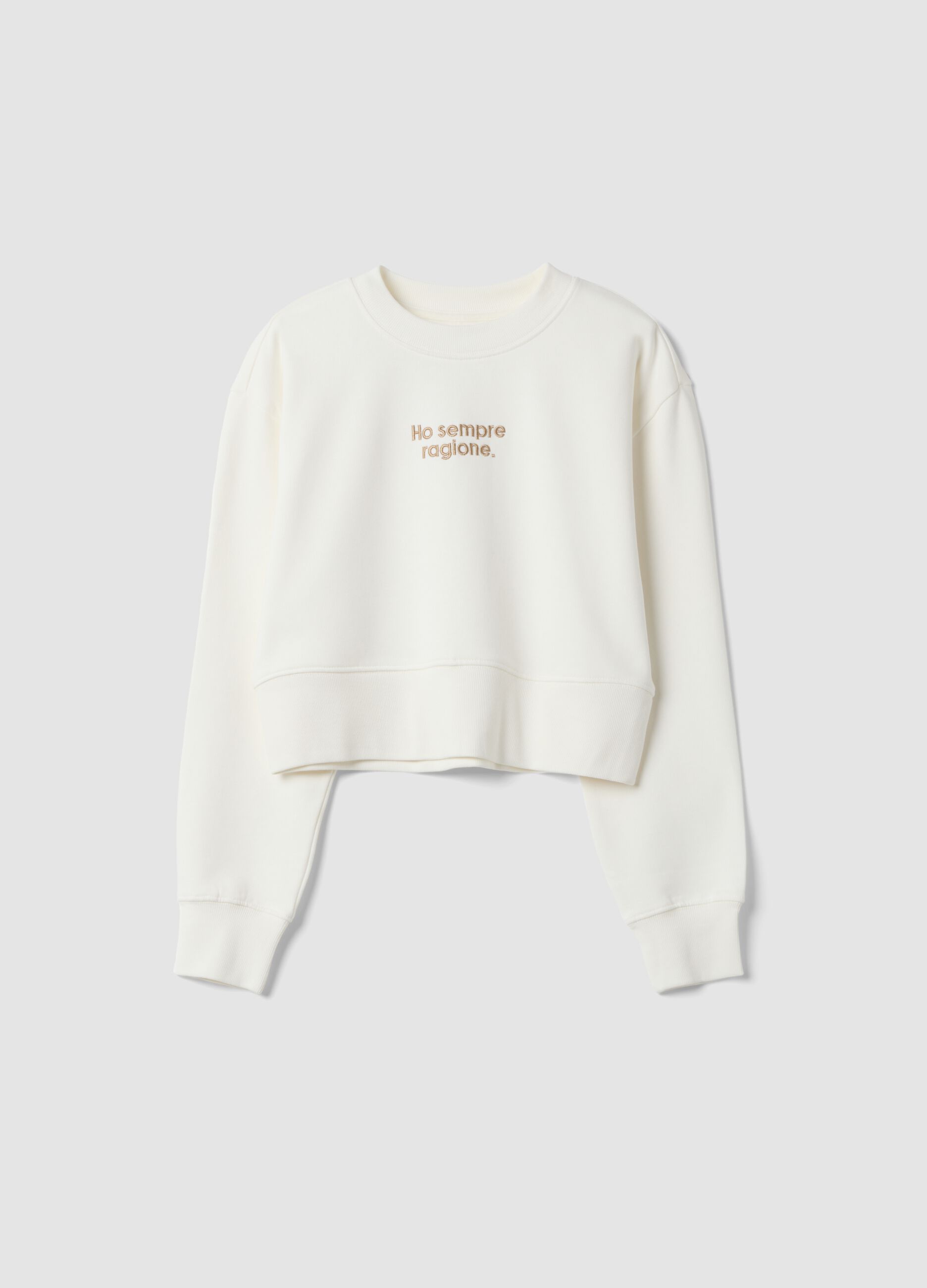 White sweatshirt with ribbed collar in pure organic cotton