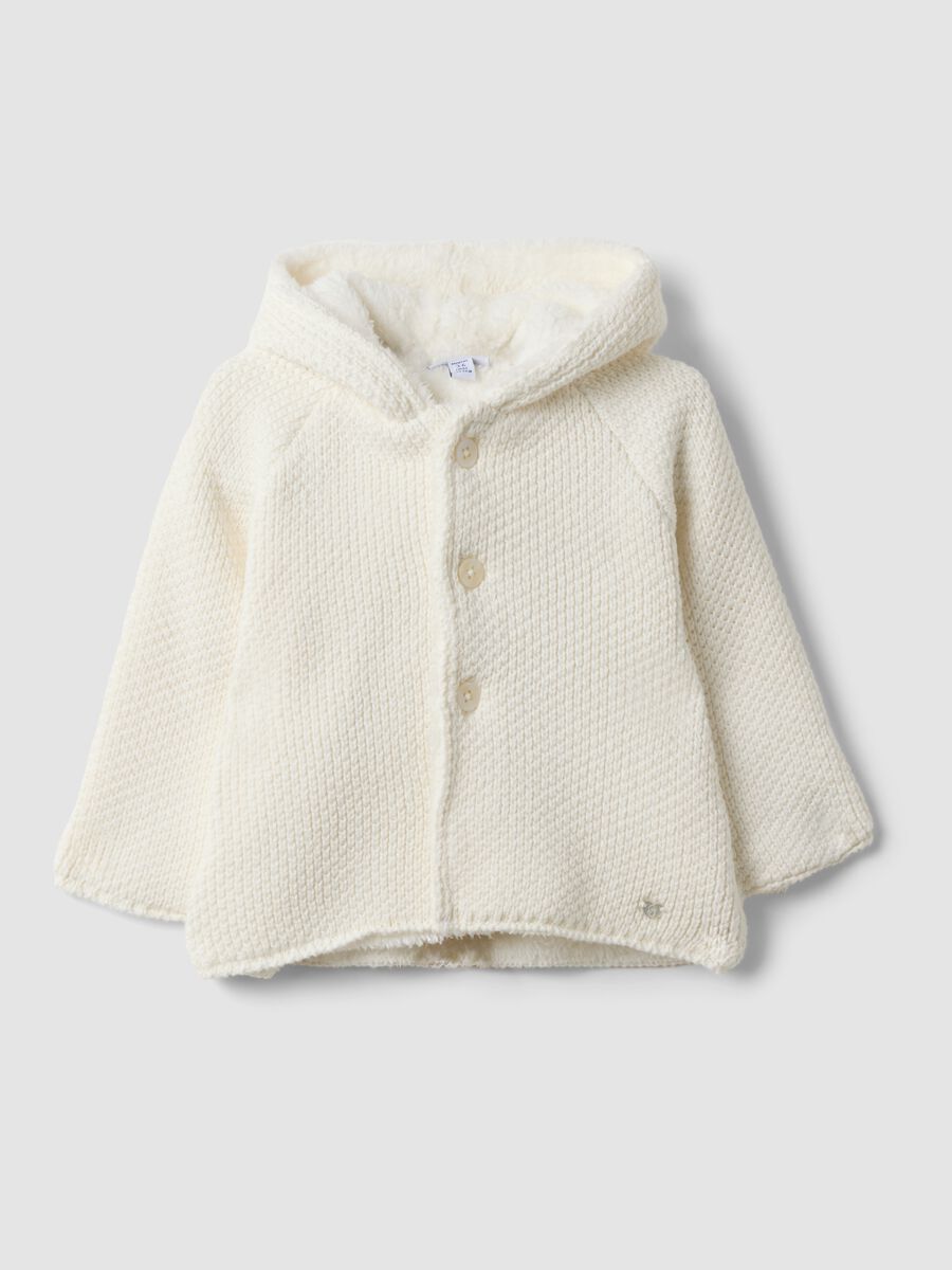 White pure organic cotton hooded jacket with teddy-effect lining_0