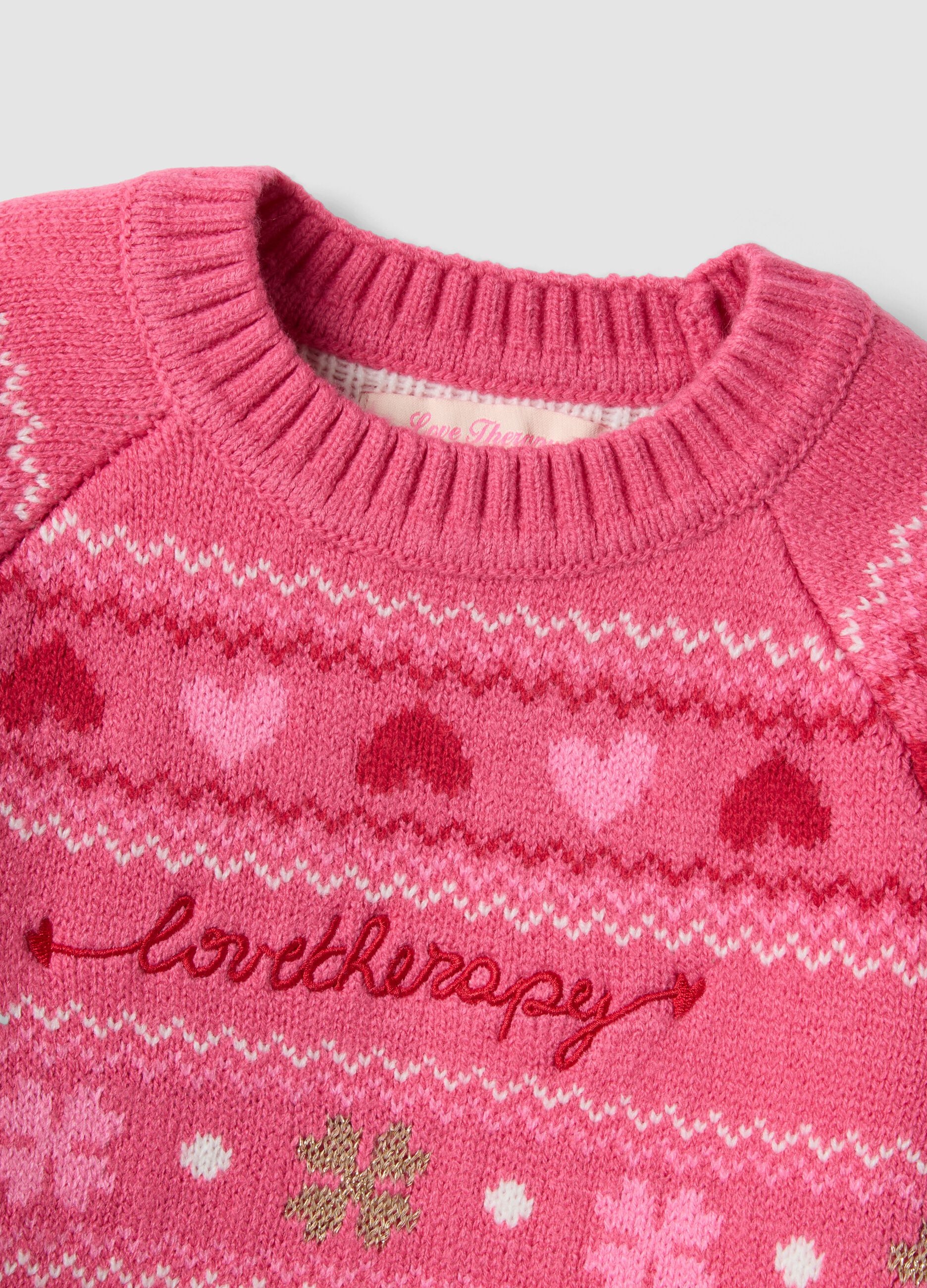 Pink crew-neck jumper with hearts and jacquard pattern, regular fit