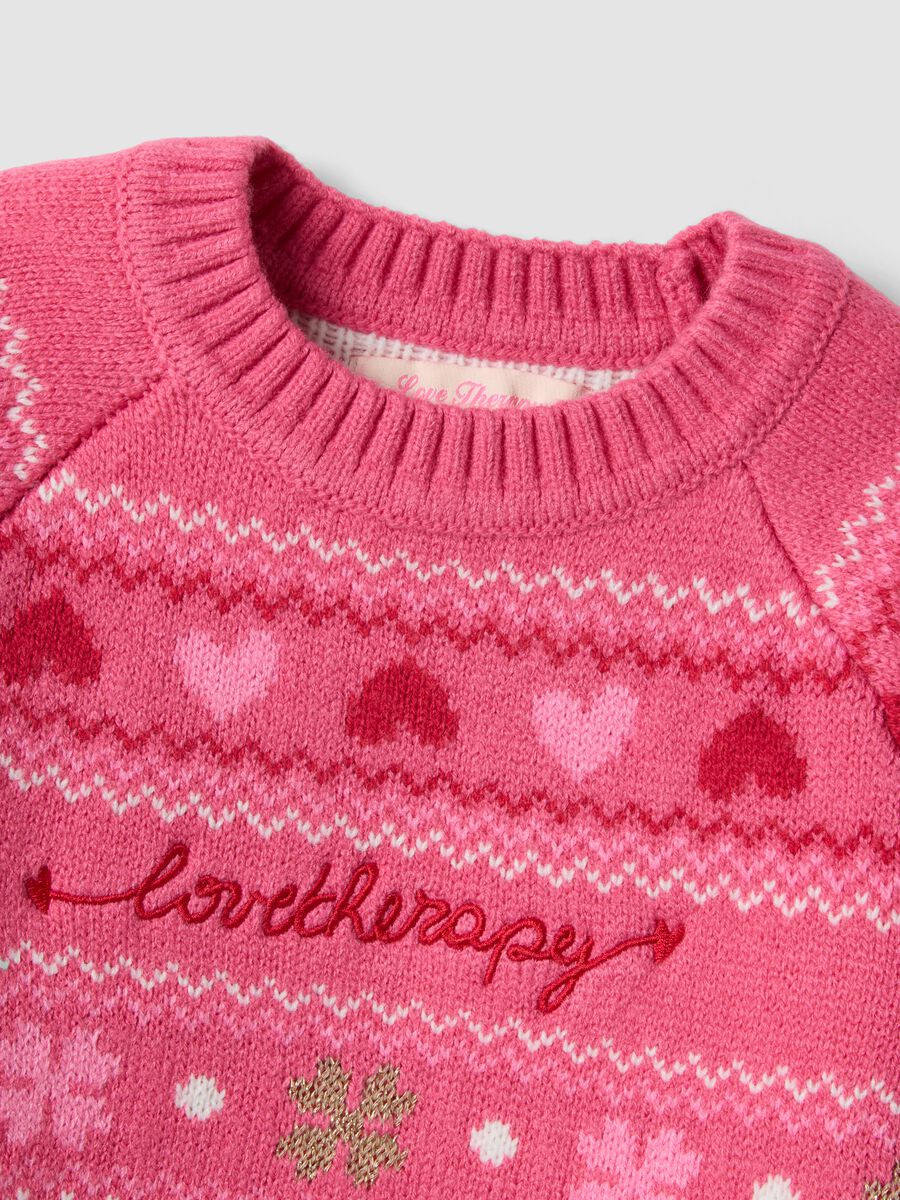 Pink crew-neck jumper with hearts and jacquard pattern, regular fit_3