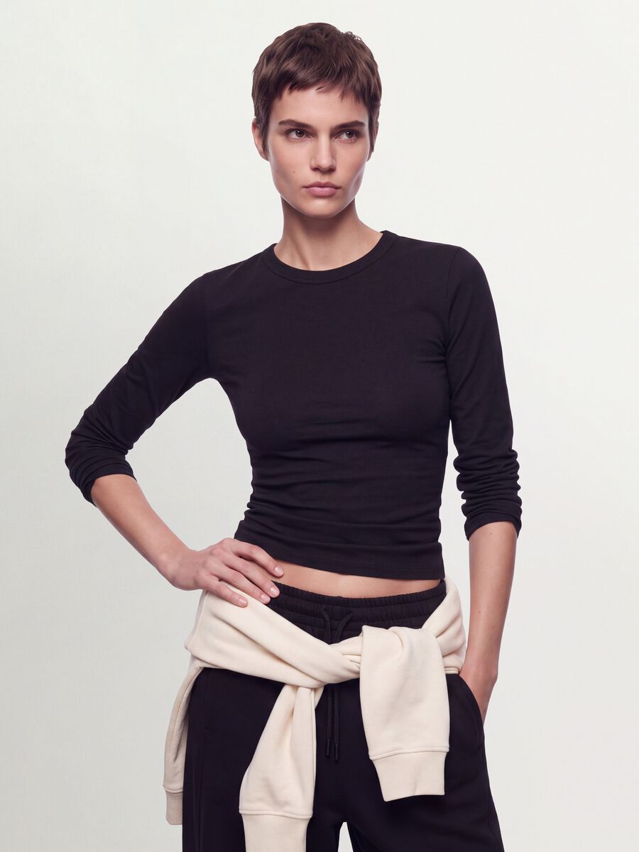 Black long-sleeved pure cotton jersey T-shirt, regular fit_0