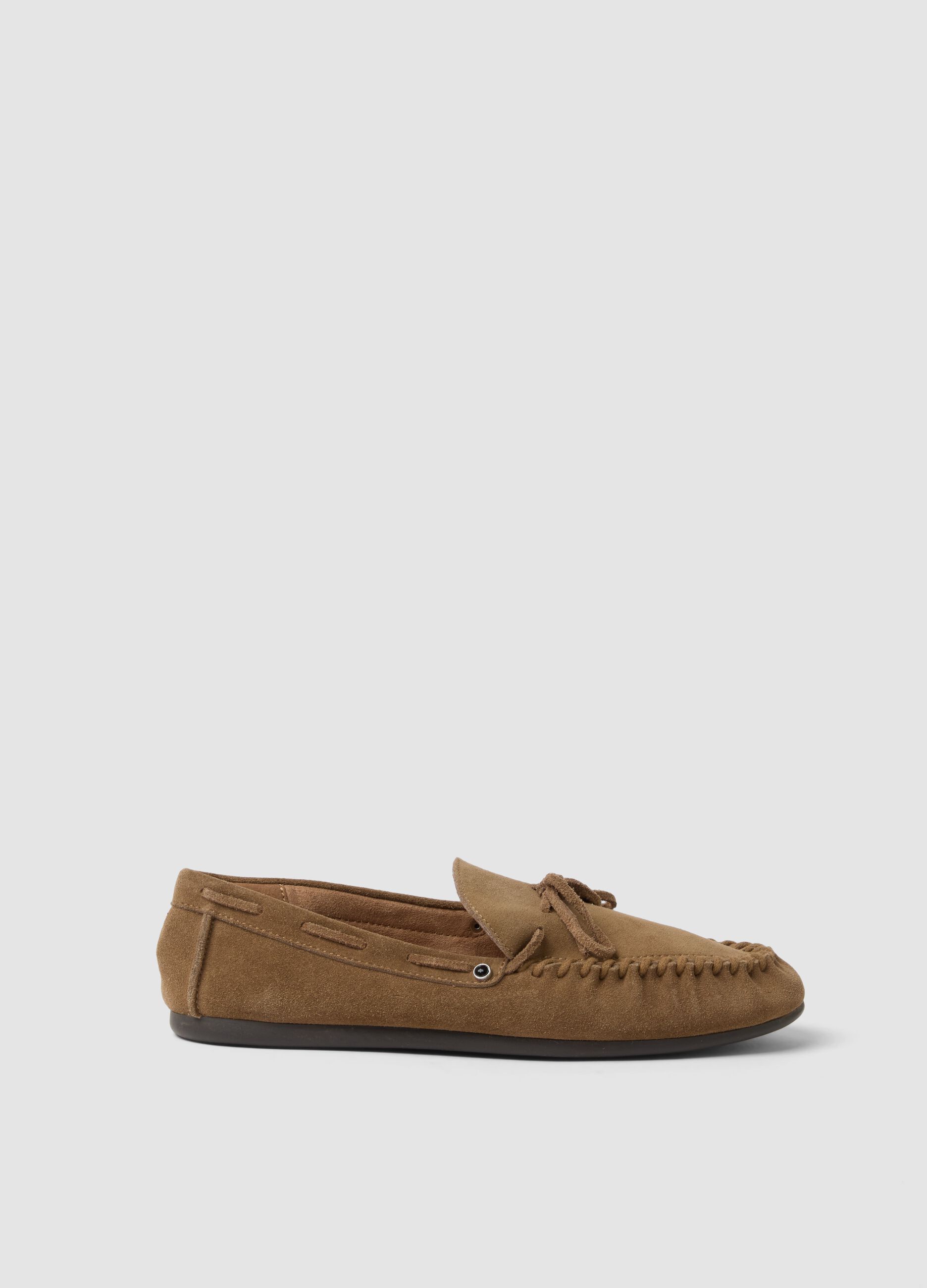 Brown genuine leather loafers with bow