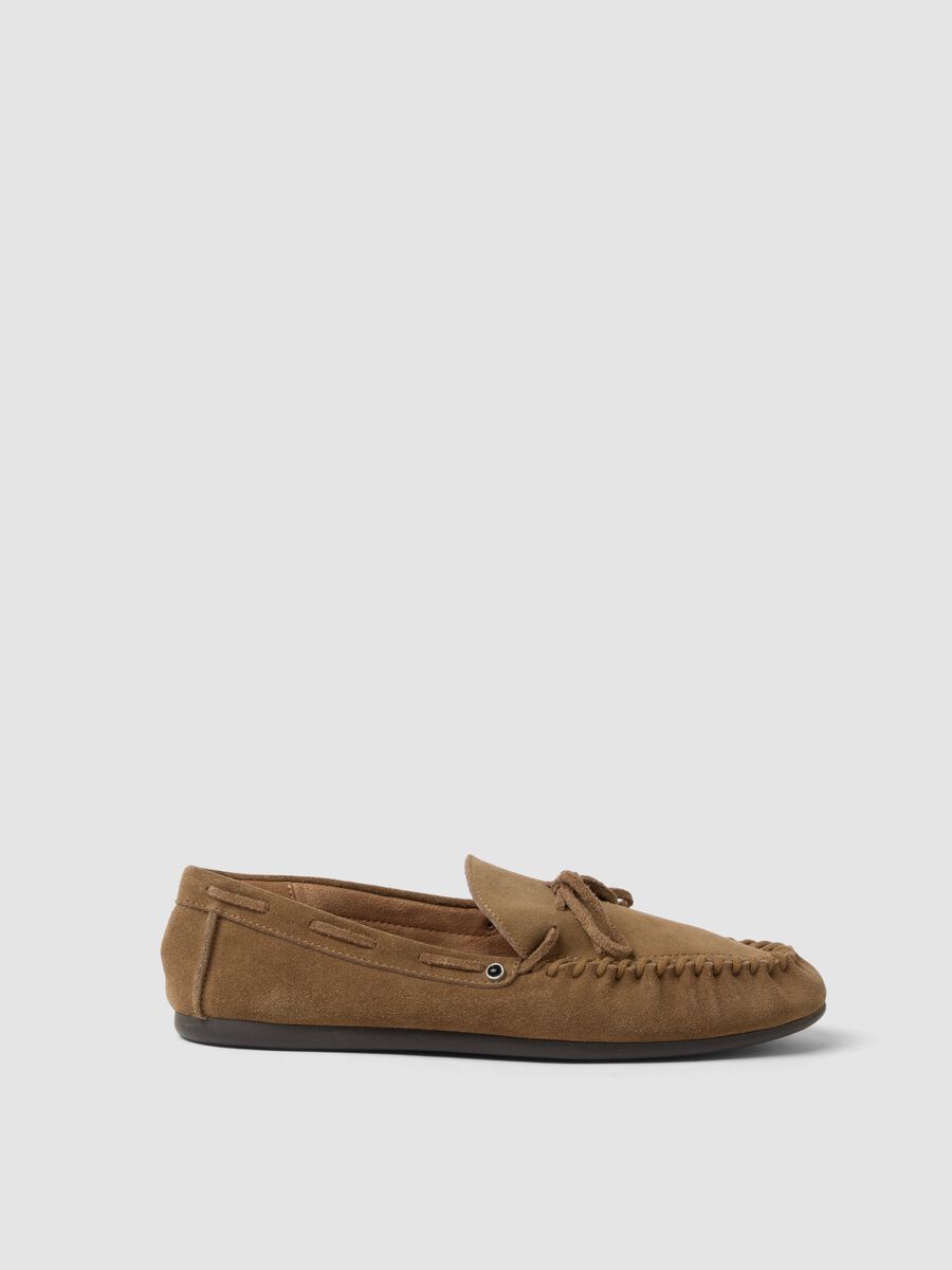 Brown genuine leather loafers with bow_0