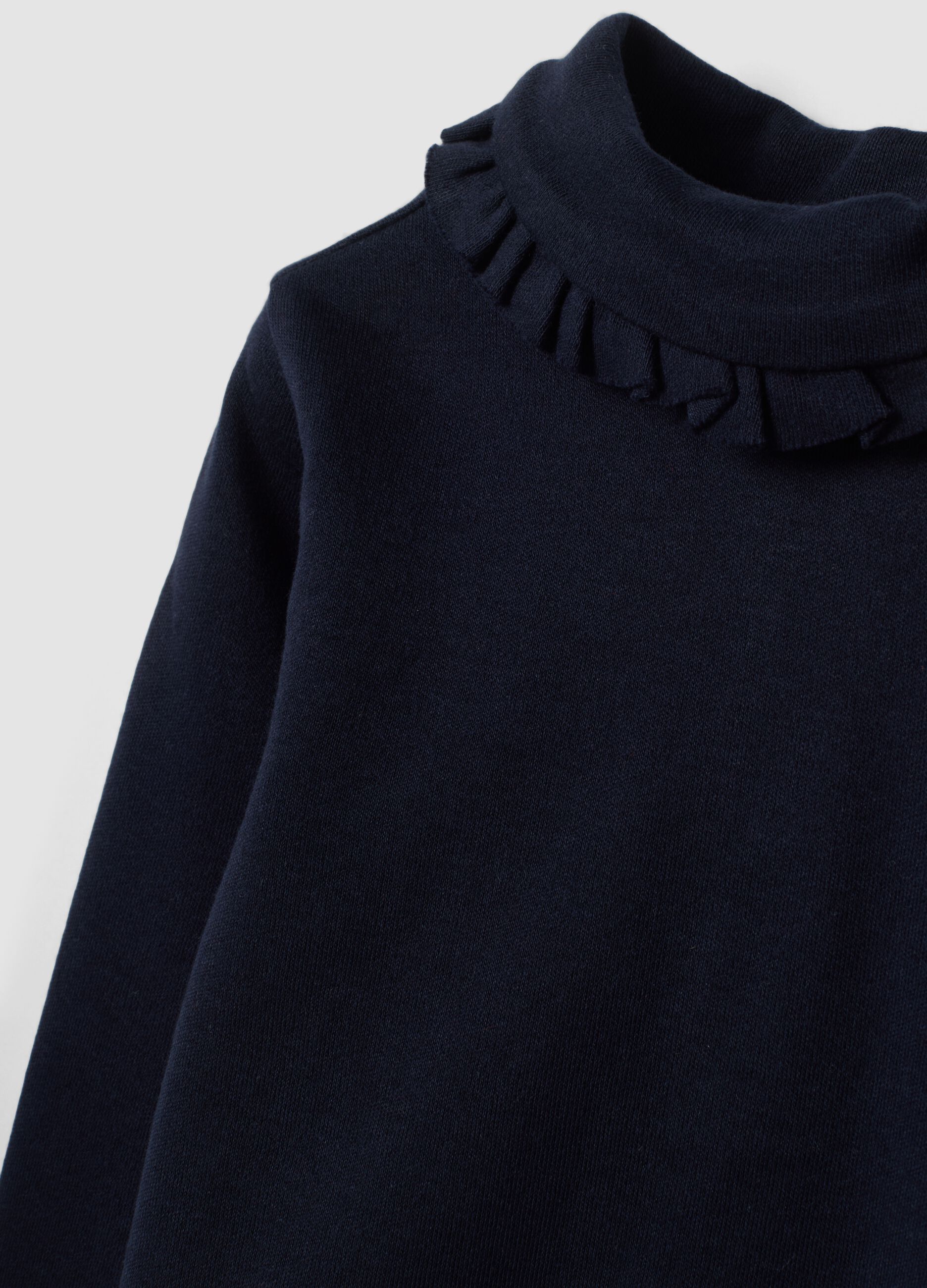 Navy pure cotton T-shirt with ruffled high neck
