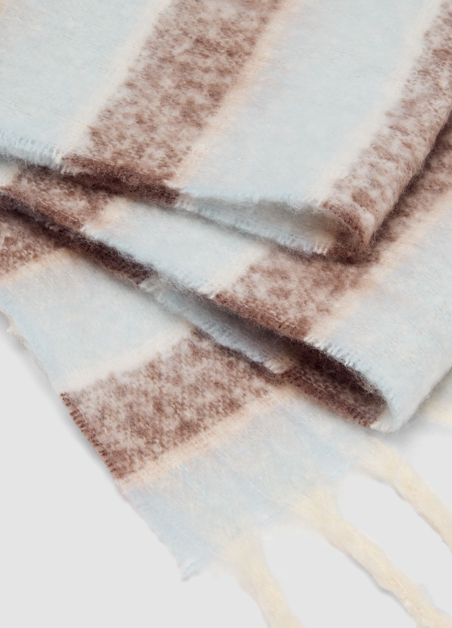 Blue and brown striped scarf with fringes